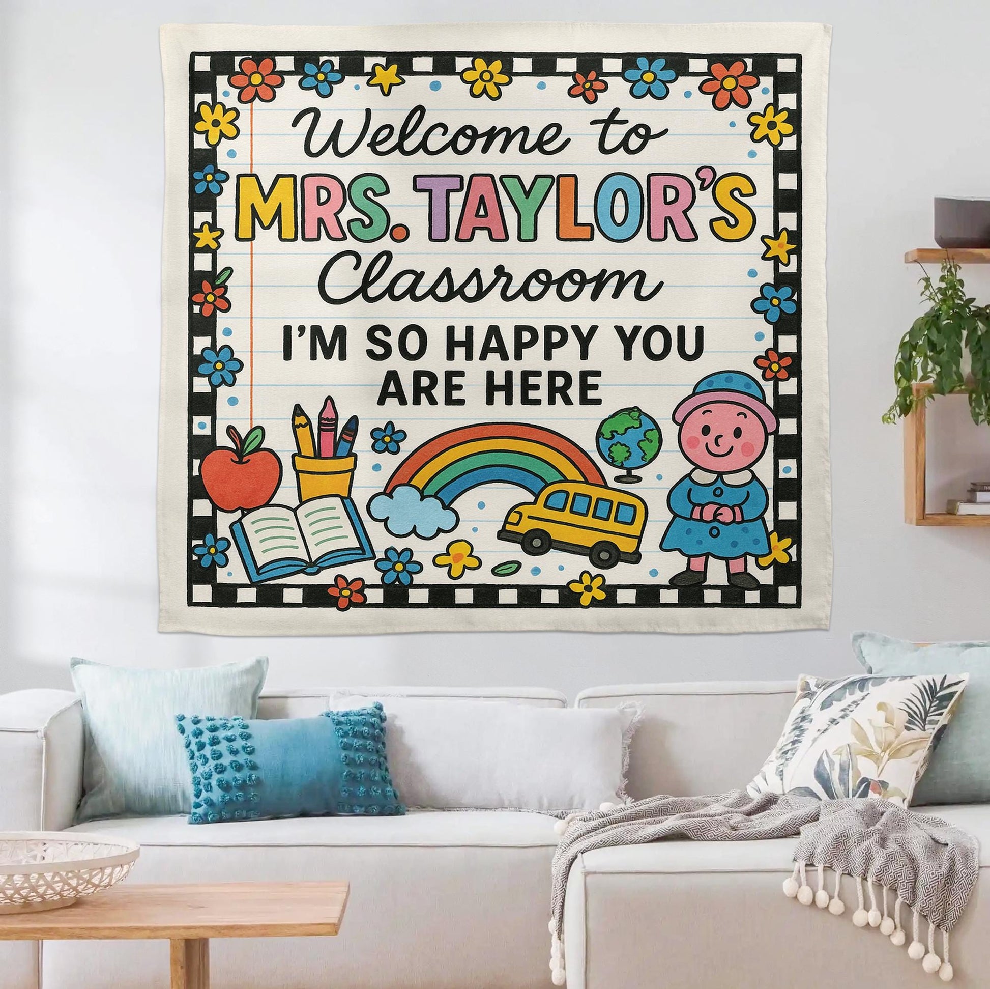Welcome Classroom Tapestry, Happy You Are Here Banner, Teacher Wall Decor, Back to School Sign, Preschool Classroom Decoration