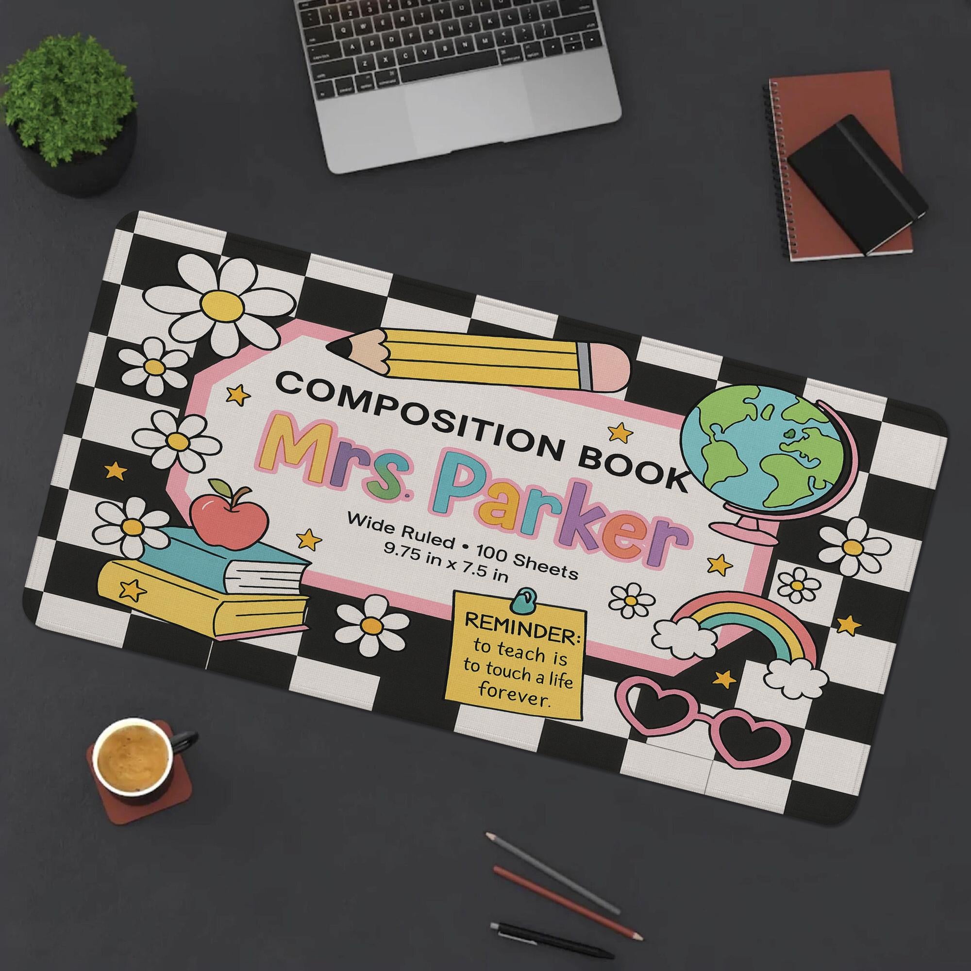 Custom Teacher Mouse Pad – Composition Book Style Desk Mat – Personalized Classroom Gift – Cute School Supplies for Teachers