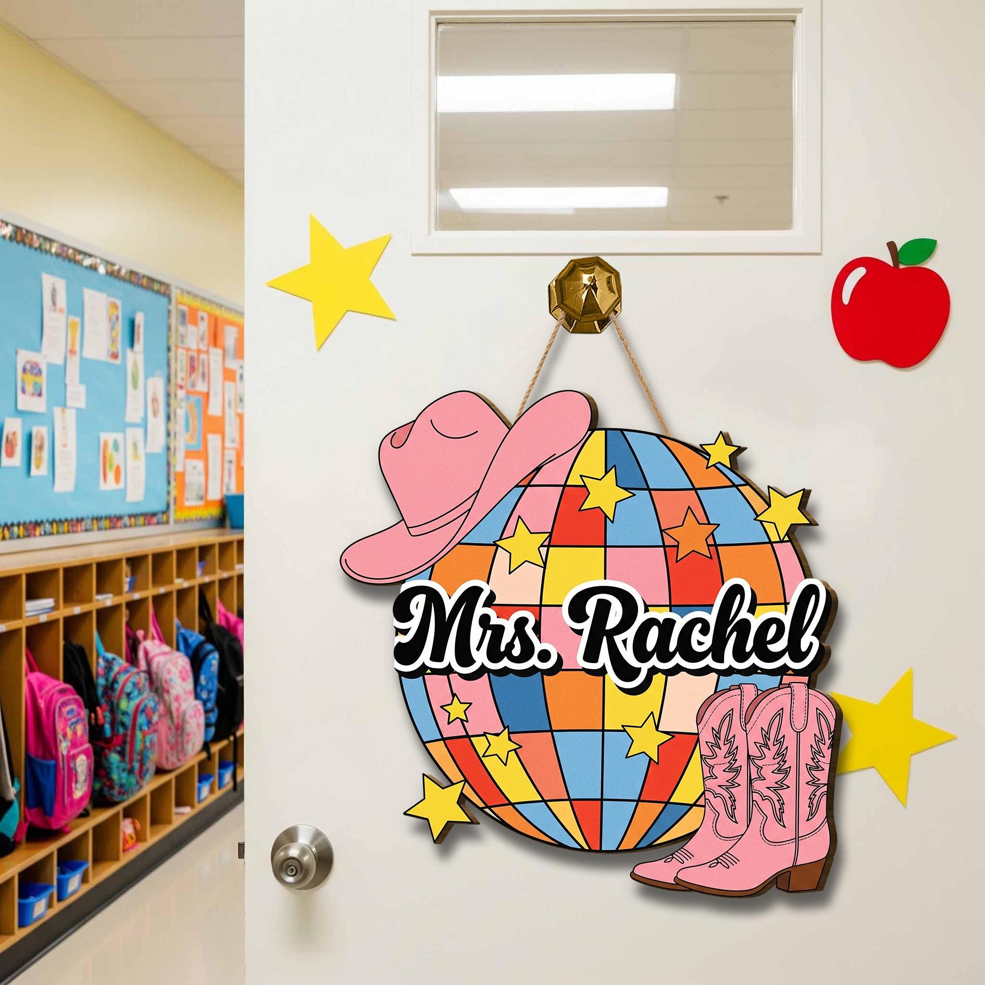 Personalized Disco Cowgirl Door Sign – Western Classroom Decor with Boots & Hat, Custom Teacher Name Sign, Western Cowboy Style School Decor