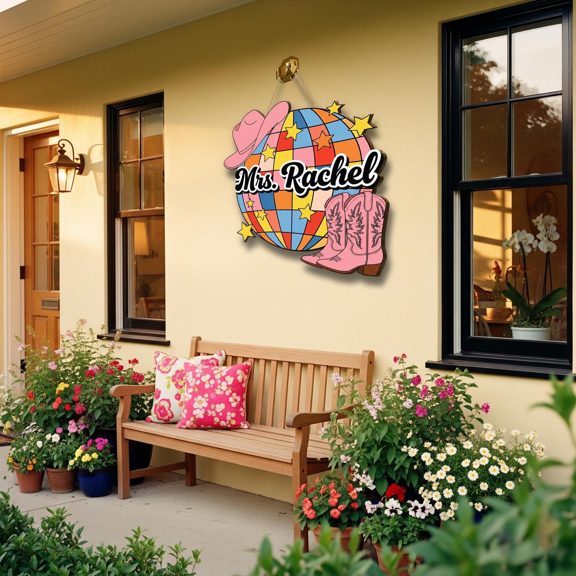 Personalized Disco Cowgirl Door Sign – Western Classroom Decor with Boots & Hat, Custom Teacher Name Sign, Western Cowboy Style School Decor