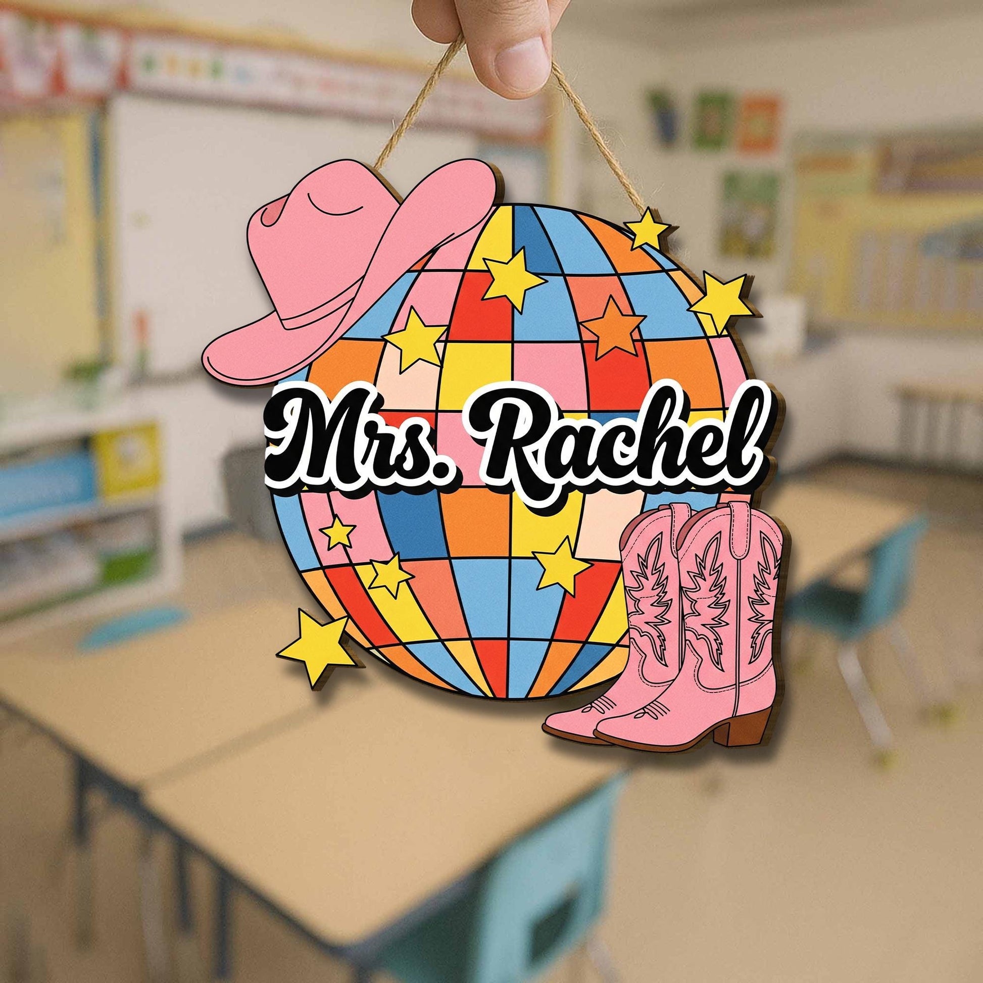 Personalized Disco Cowgirl Door Sign – Western Classroom Decor with Boots & Hat, Custom Teacher Name Sign, Western Cowboy Style School Decor
