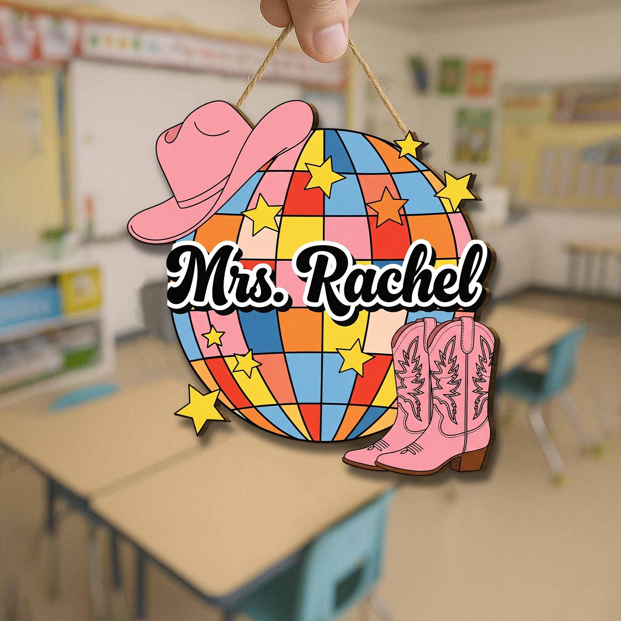 Personalized Disco Cowgirl Door Sign – Western Classroom Decor with Boots & Hat, Custom Teacher Name Sign, Western Cowboy Style School Decor