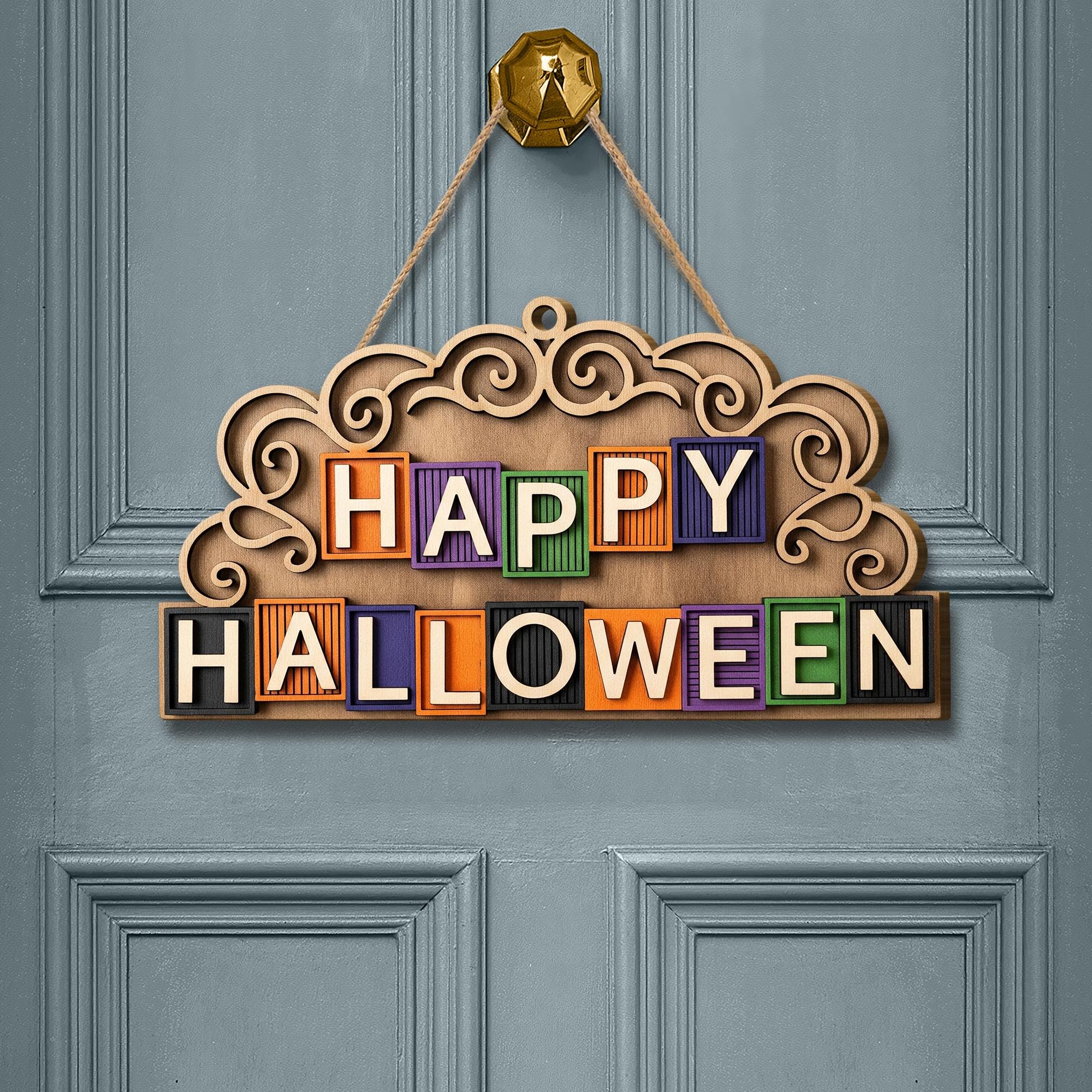 Happy Halloween Wooden Door Sign – Colorful Block Letter Halloween Porch Decor, Rustic Fall Wall Hanging, Spooky Front Door Decoration