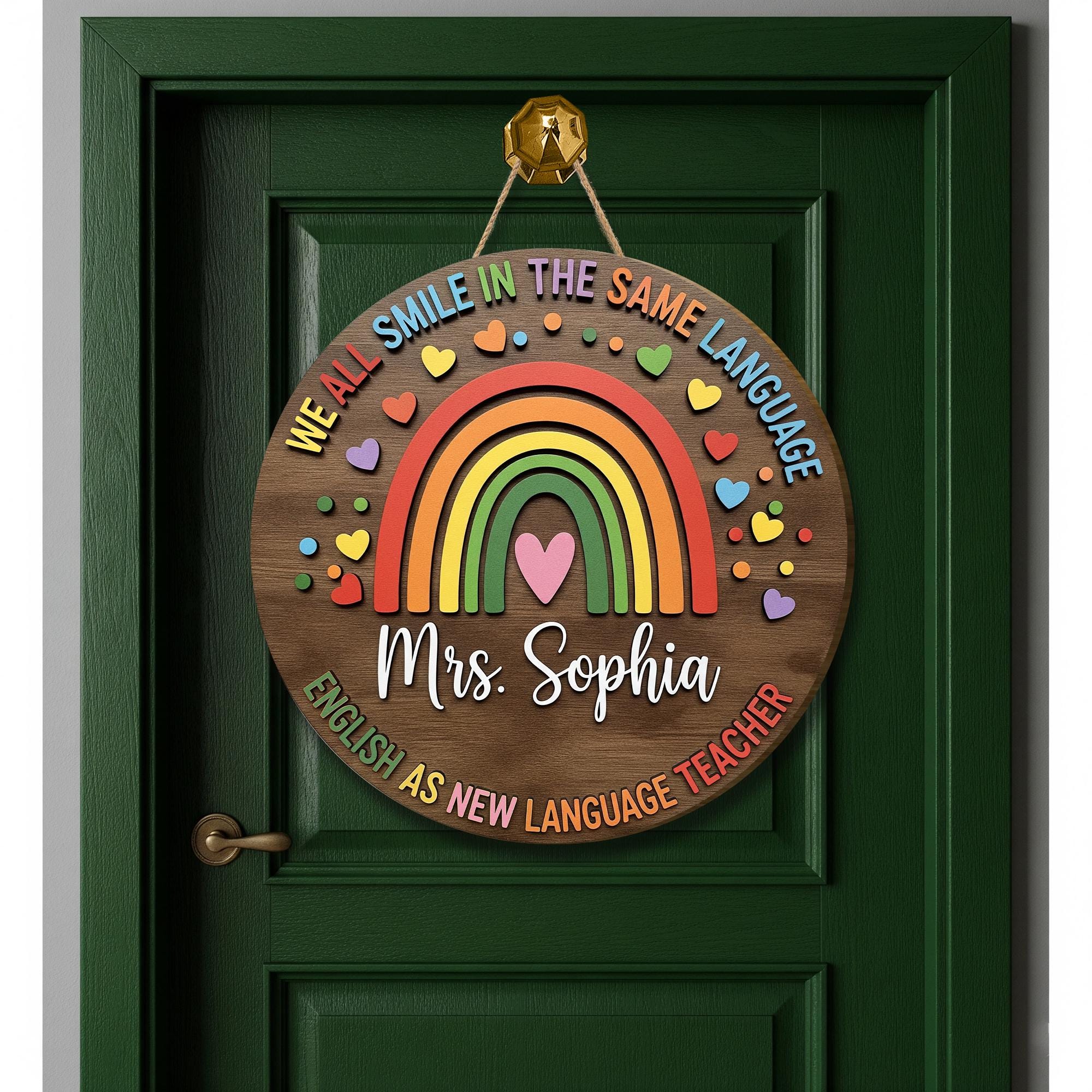 Personalized ENL Teacher Door Sign - Rainbow Classroom Decor - We All Smile in the Same Language - Back to School Gift, ESL Classroom Decor