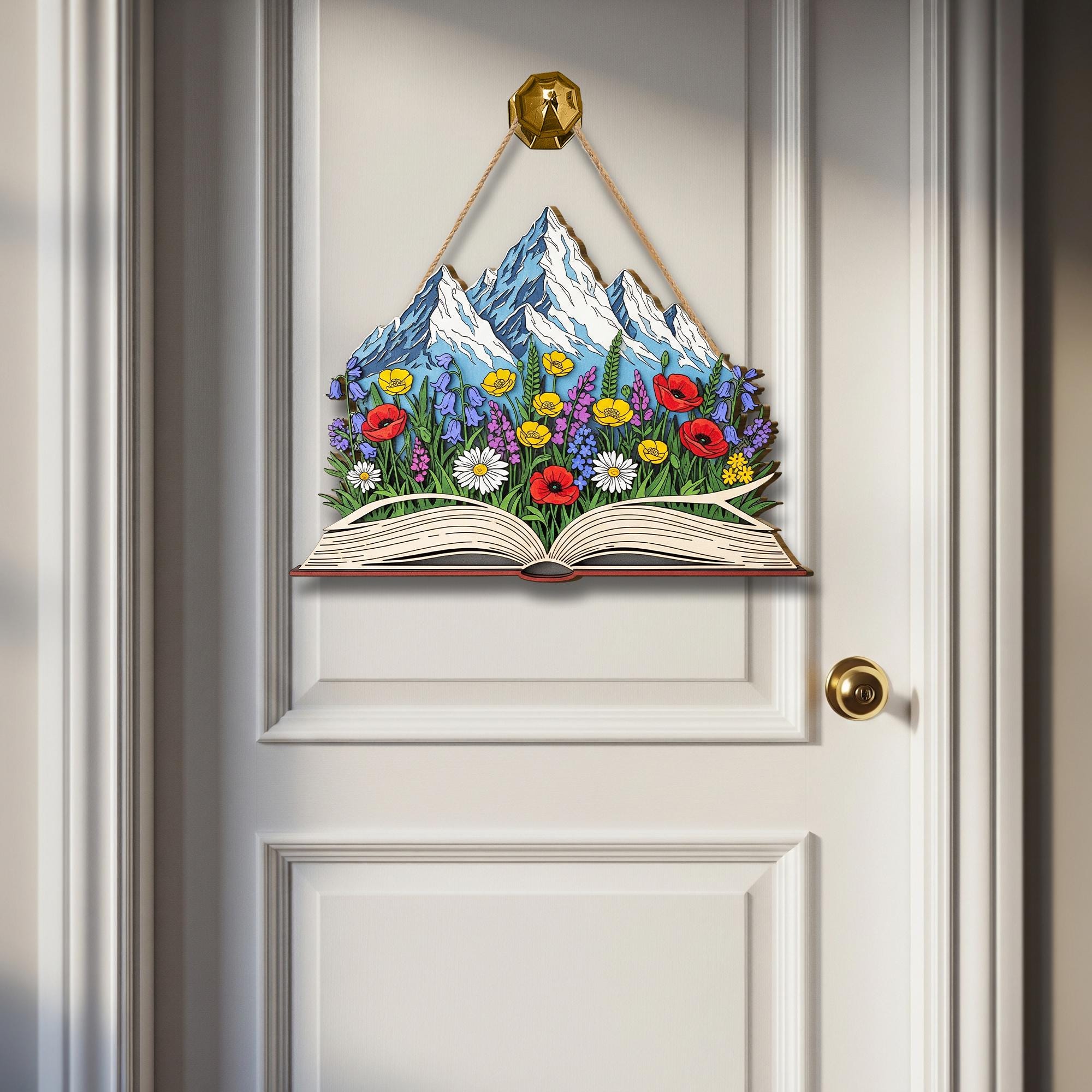 Mountain Book Wooden Door Sign – Floral Nature-Inspired Wall Art, Book Lover Gift, Wildflower Reader Decor, Adventure Home Hanging