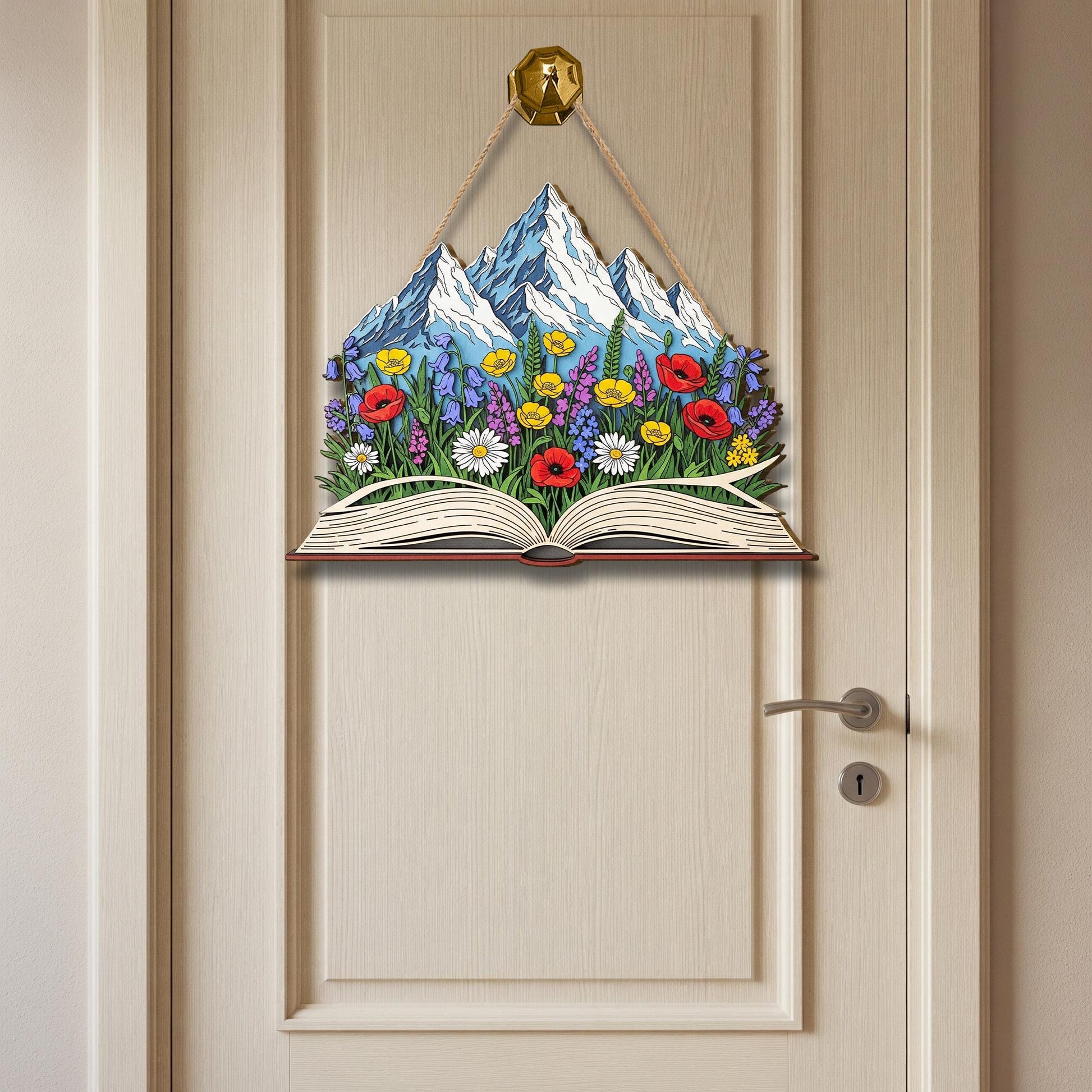 Mountain Book Wooden Door Sign – Floral Nature-Inspired Wall Art, Book Lover Gift, Wildflower Reader Decor, Adventure Home Hanging