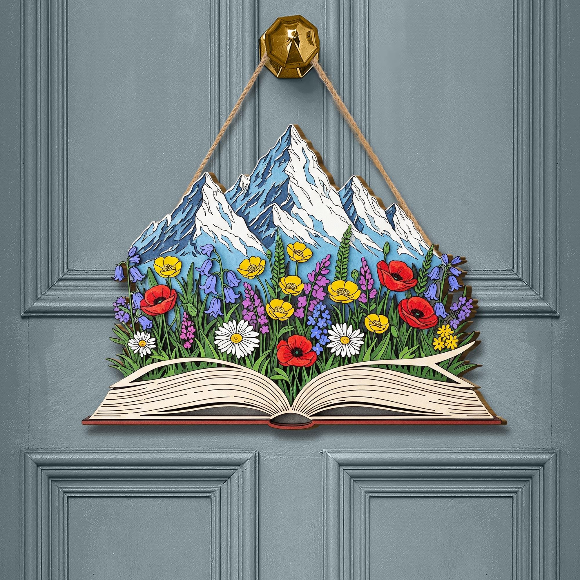 Mountain Book Wooden Door Sign – Floral Nature-Inspired Wall Art, Book Lover Gift, Wildflower Reader Decor, Adventure Home Hanging