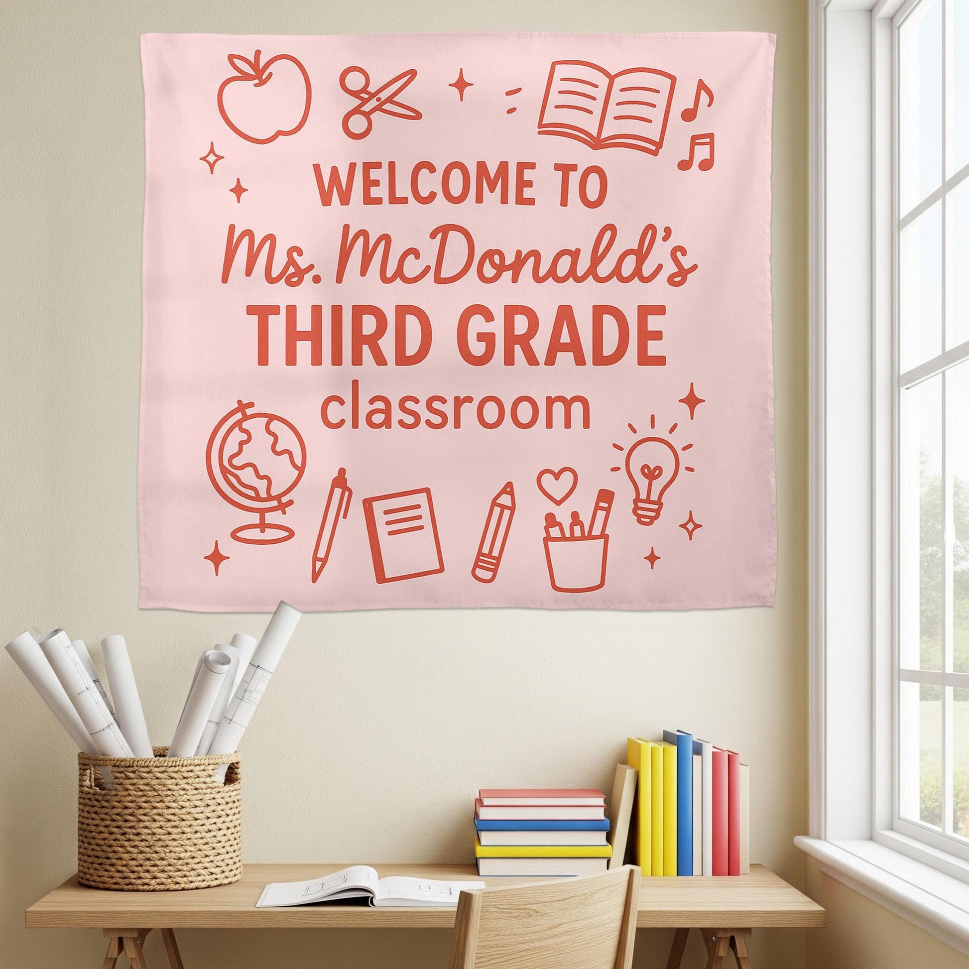 Welcome to Third Grade Classroom Tapestry, Custom Teacher Banner, Back to School Wall Decor, Elementary Classroom Sign, Class Decoration