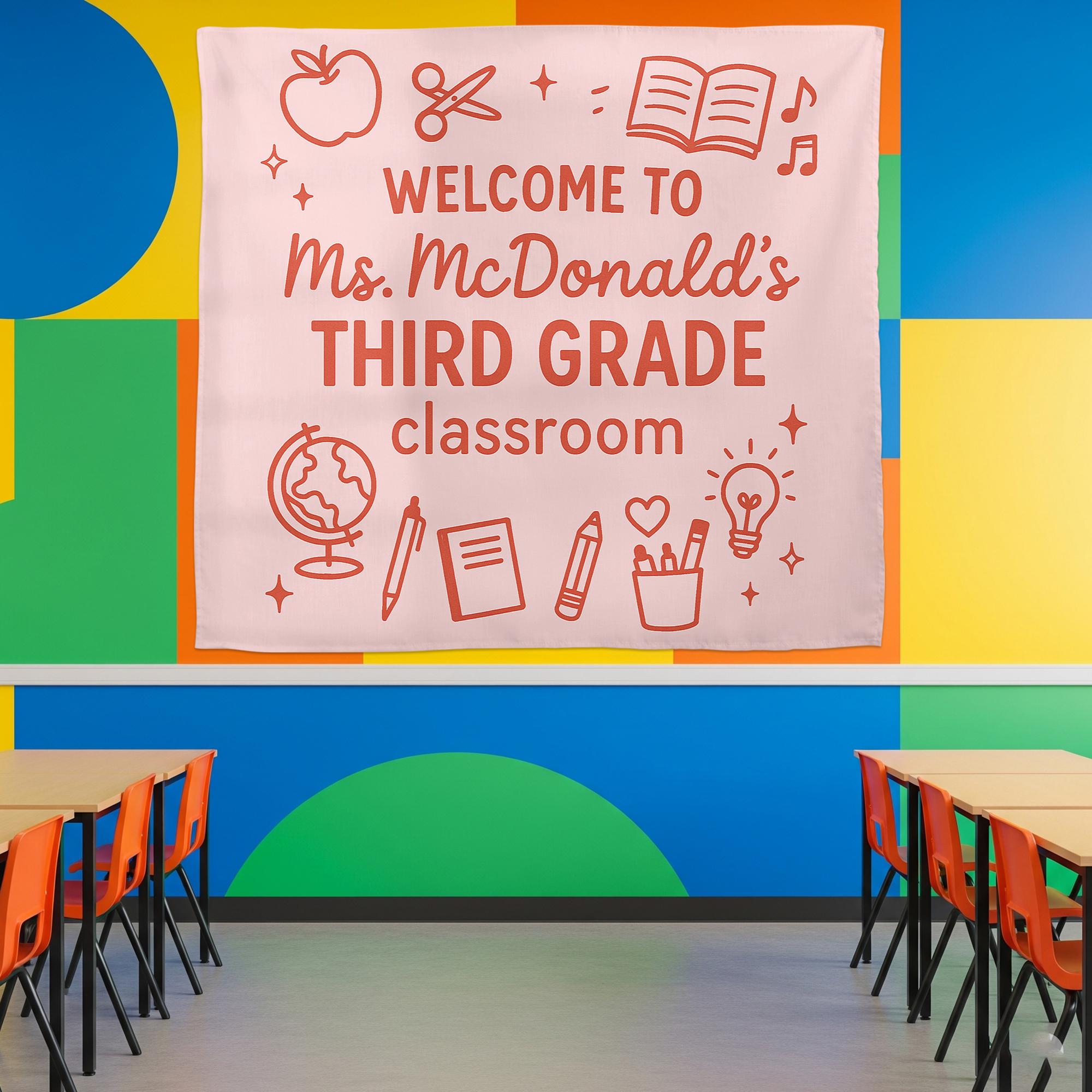 Welcome to Third Grade Classroom Tapestry, Custom Teacher Banner, Back to School Wall Decor, Elementary Classroom Sign, Class Decoration