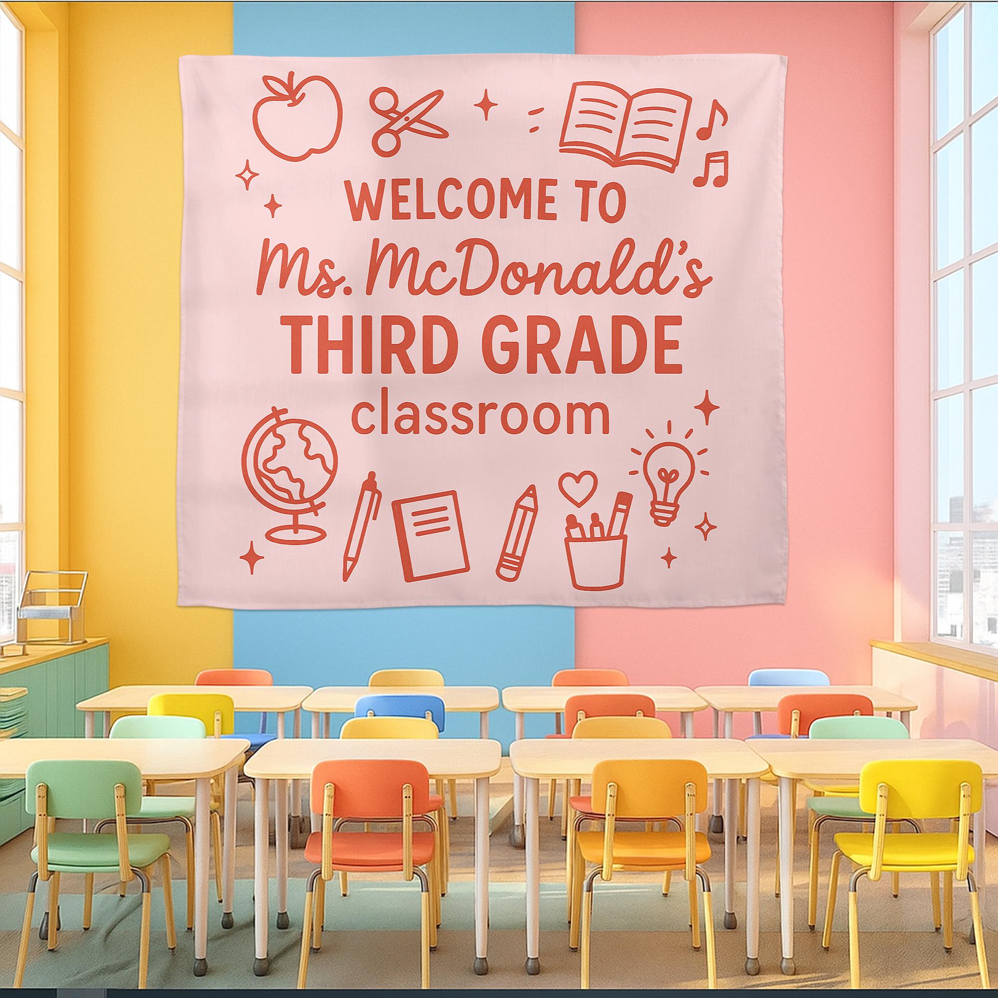 Welcome to Third Grade Classroom Tapestry, Custom Teacher Banner, Back to School Wall Decor, Elementary Classroom Sign, Class Decoration