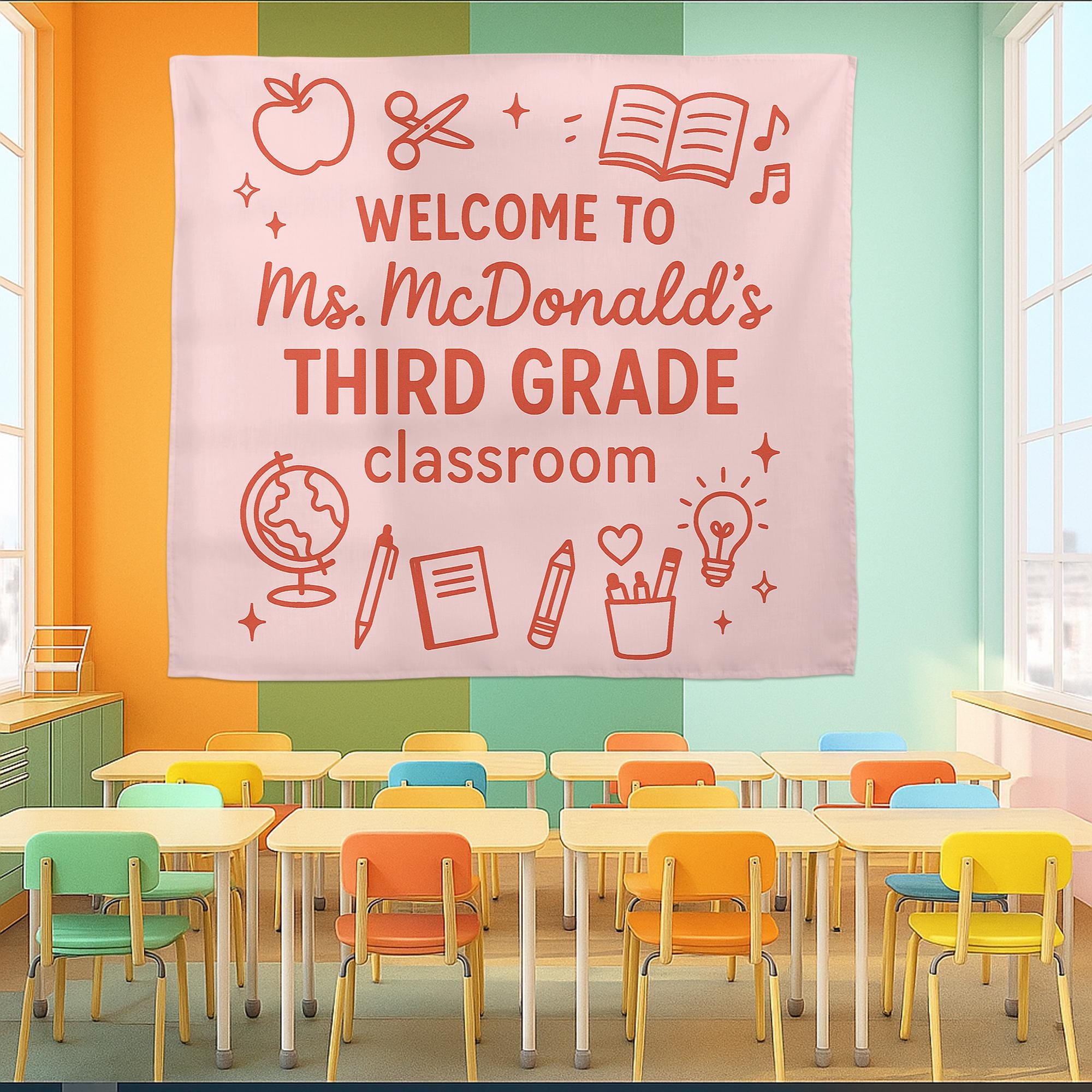 Welcome to Third Grade Classroom Tapestry, Custom Teacher Banner, Back to School Wall Decor, Elementary Classroom Sign, Class Decoration
