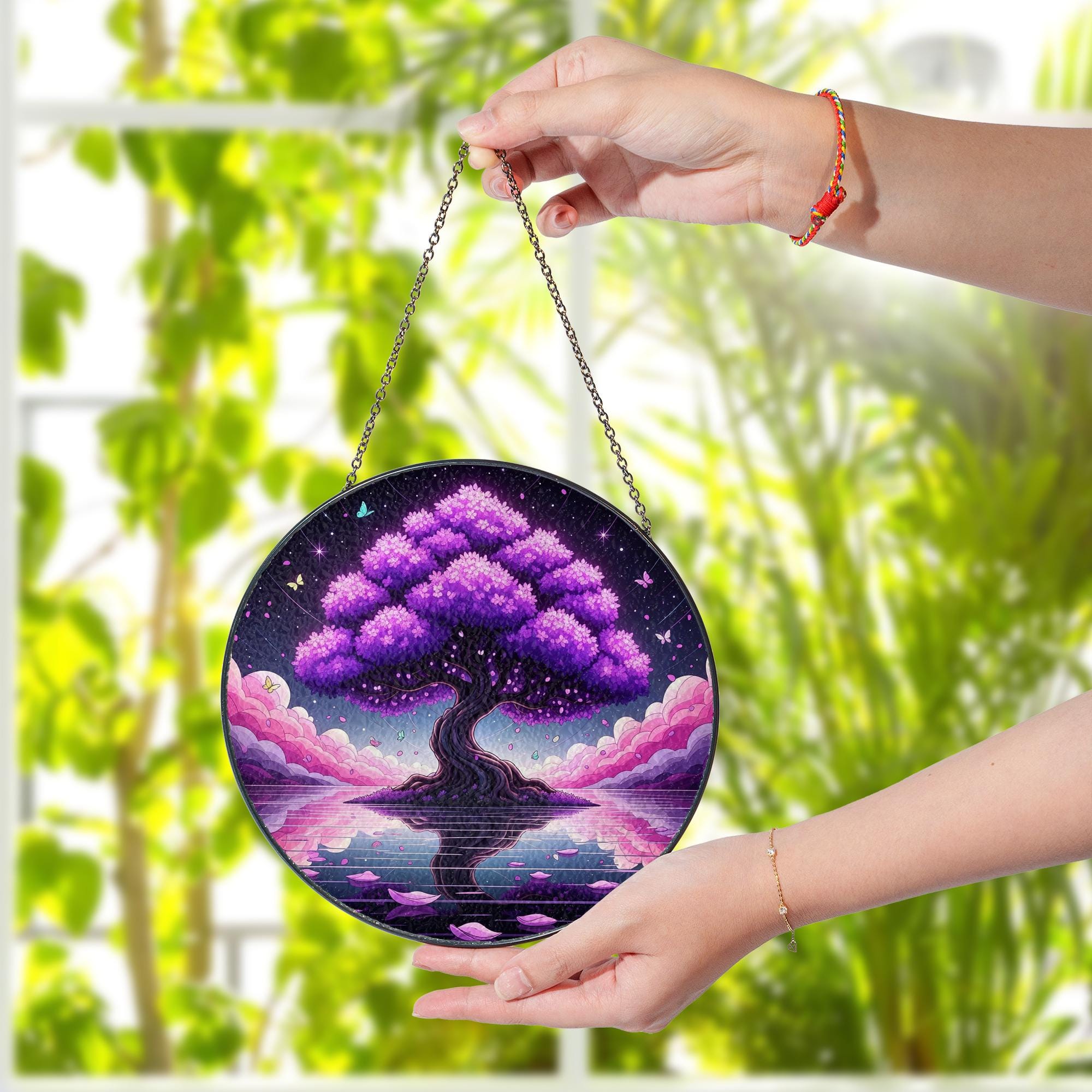 Magnificent Ancient Tree Suncatcher – Faux Stained Glass Window Hanging, Mystical Nature Decor, Round Dreamy Sun Catcher for Home or Gift