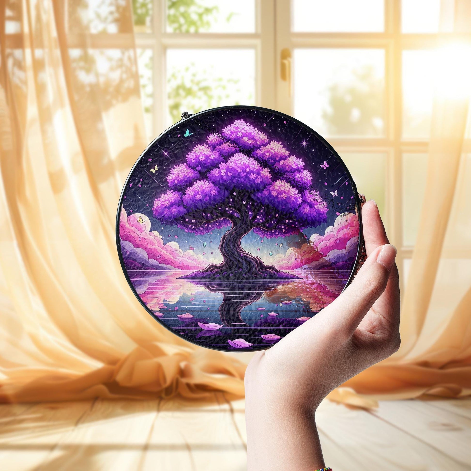 Magnificent Ancient Tree Suncatcher – Faux Stained Glass Window Hanging, Mystical Nature Decor, Round Dreamy Sun Catcher for Home or Gift