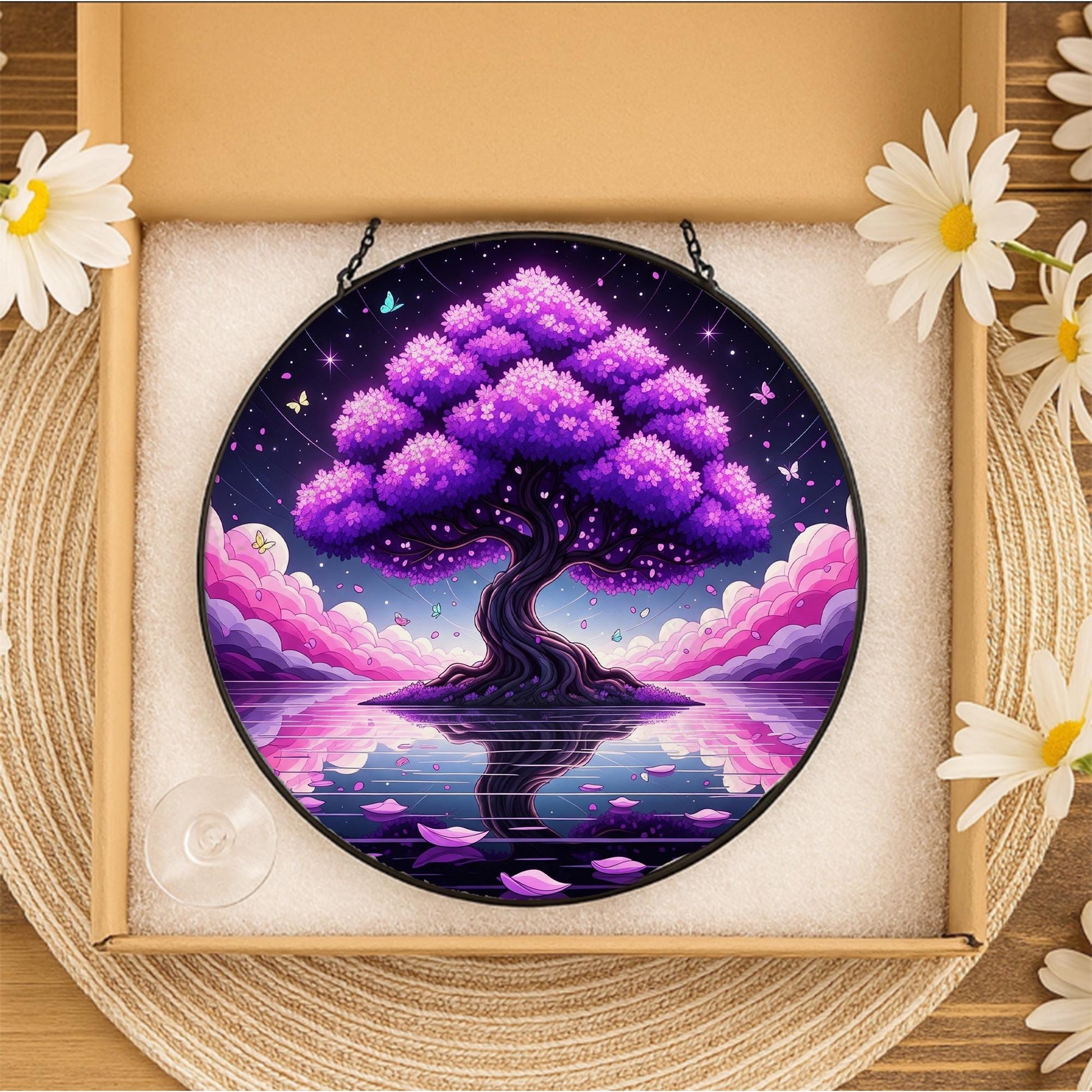 Magnificent Ancient Tree Suncatcher – Faux Stained Glass Window Hanging, Mystical Nature Decor, Round Dreamy Sun Catcher for Home or Gift