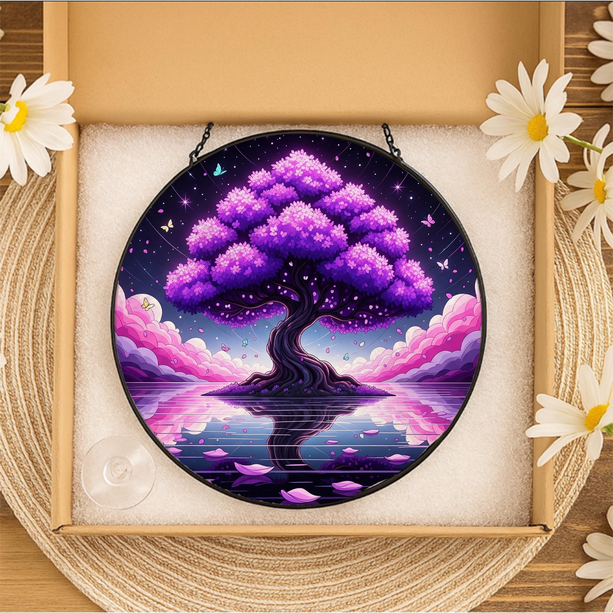 Magnificent Ancient Tree Suncatcher – Faux Stained Glass Window Hanging, Mystical Nature Decor, Round Dreamy Sun Catcher for Home or Gift