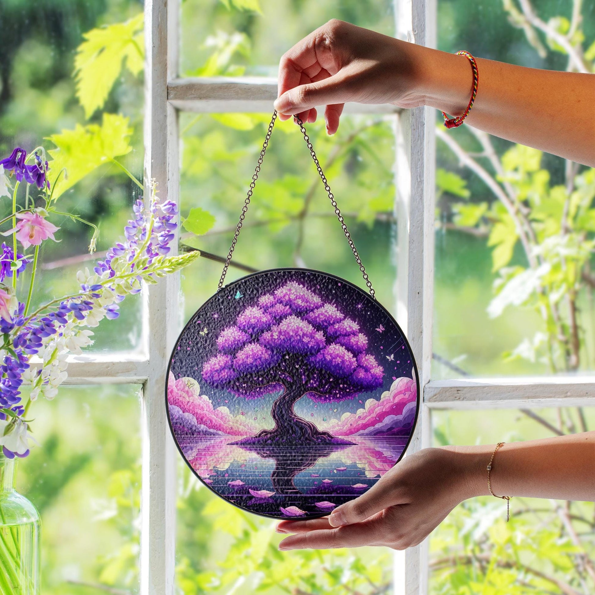 Magnificent Ancient Tree Suncatcher – Faux Stained Glass Window Hanging, Mystical Nature Decor, Round Dreamy Sun Catcher for Home or Gift