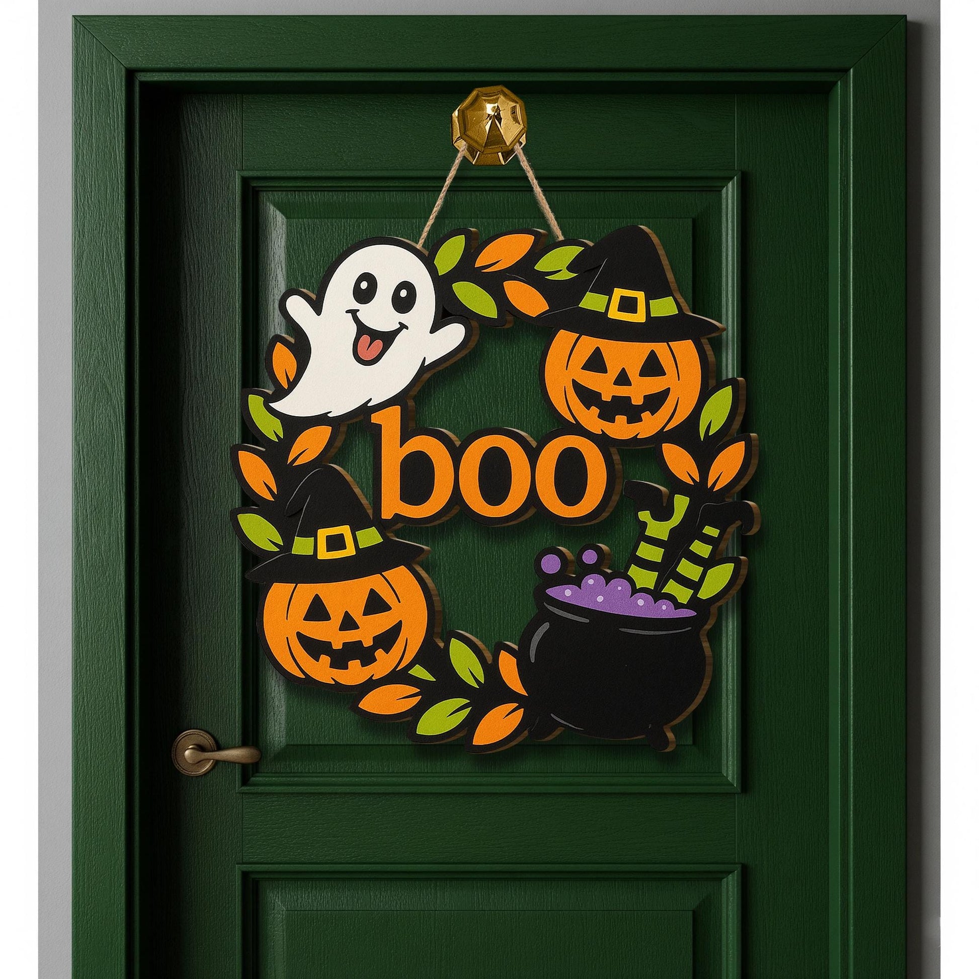 Halloween Boo Door Sign, Wooden Ghost Pumpkin Witch Decor, Fall Front Door Hanger, Cute Spooky Welcome Wreath for Halloween