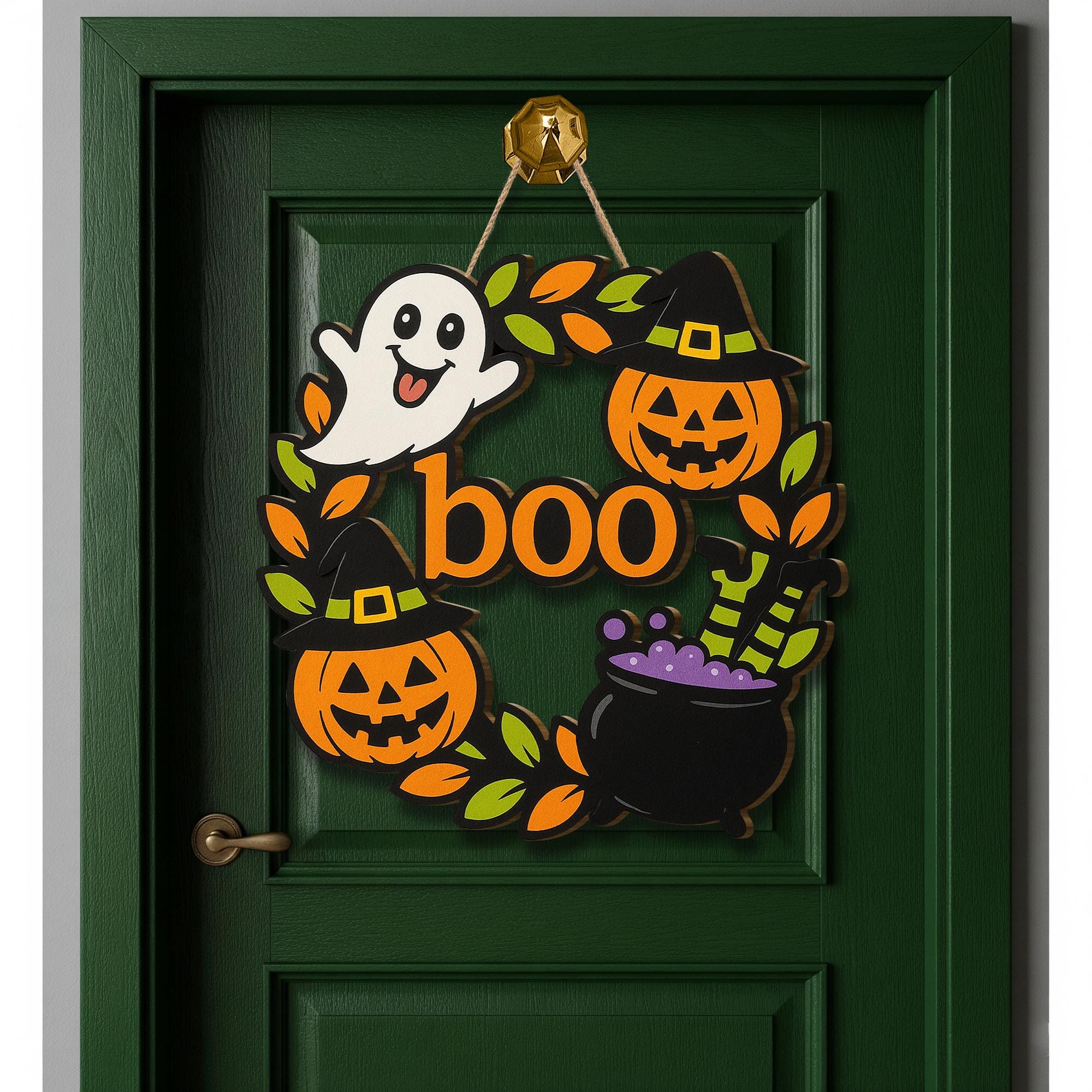 Halloween Boo Door Sign, Wooden Ghost Pumpkin Witch Decor, Fall Front Door Hanger, Cute Spooky Welcome Wreath for Halloween