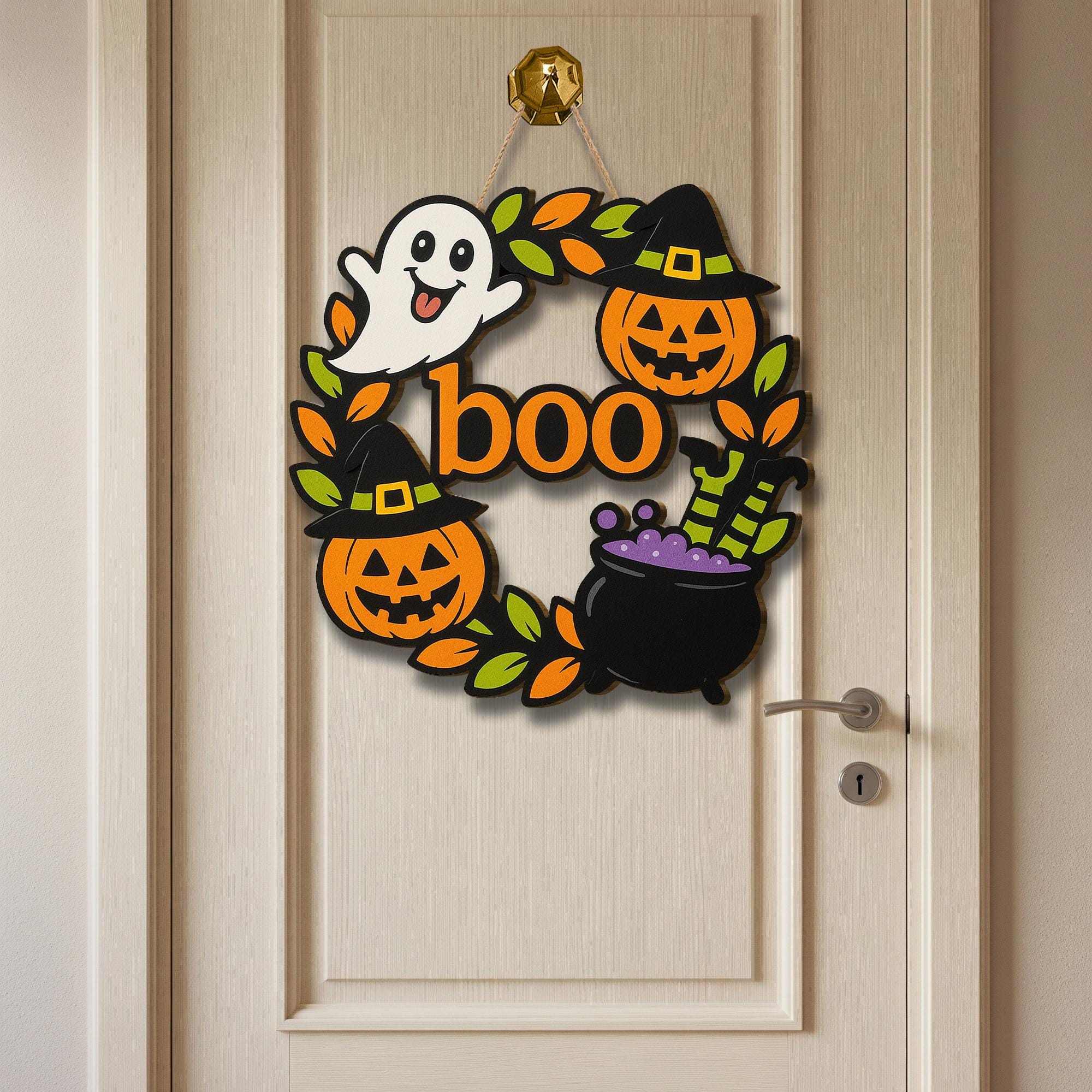 Halloween Boo Door Sign, Wooden Ghost Pumpkin Witch Decor, Fall Front Door Hanger, Cute Spooky Welcome Wreath for Halloween