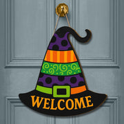 Halloween Witch Hat Door Sign, Wooden Welcome Sign, Colorful Fall Front Door Hanger, Spooky Witch Decor, Halloween Wall Art
