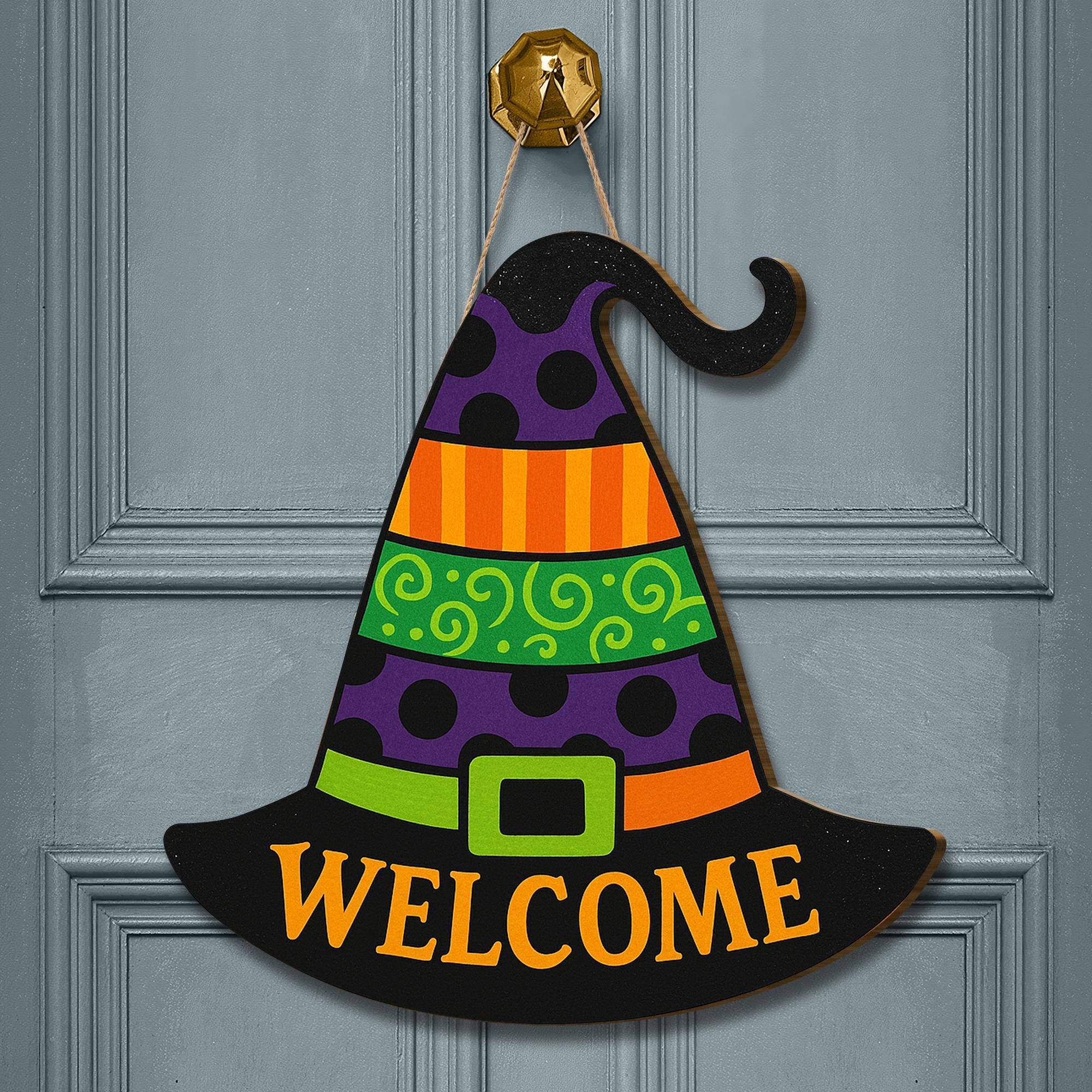 Halloween Witch Hat Door Sign, Wooden Welcome Sign, Colorful Fall Front Door Hanger, Spooky Witch Decor, Halloween Wall Art
