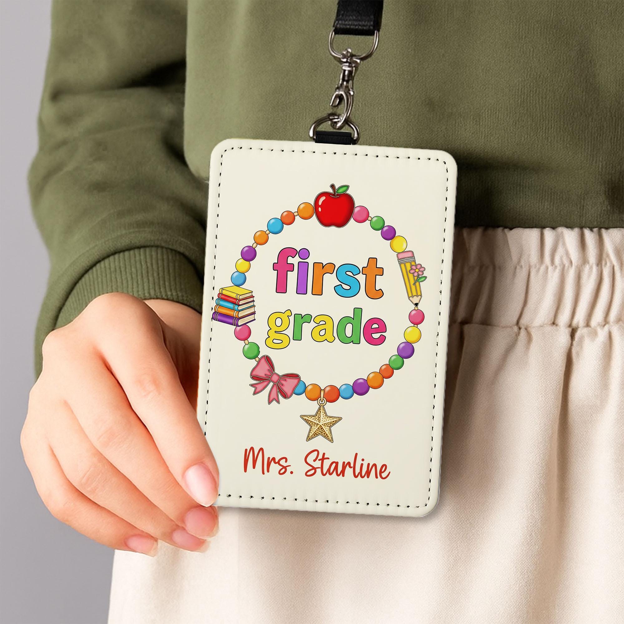 Custom First Grade Teacher Badge Holder – Personalized ID Card with Name, Cute Lanyard Accessory for Back to School, Gift for Educators