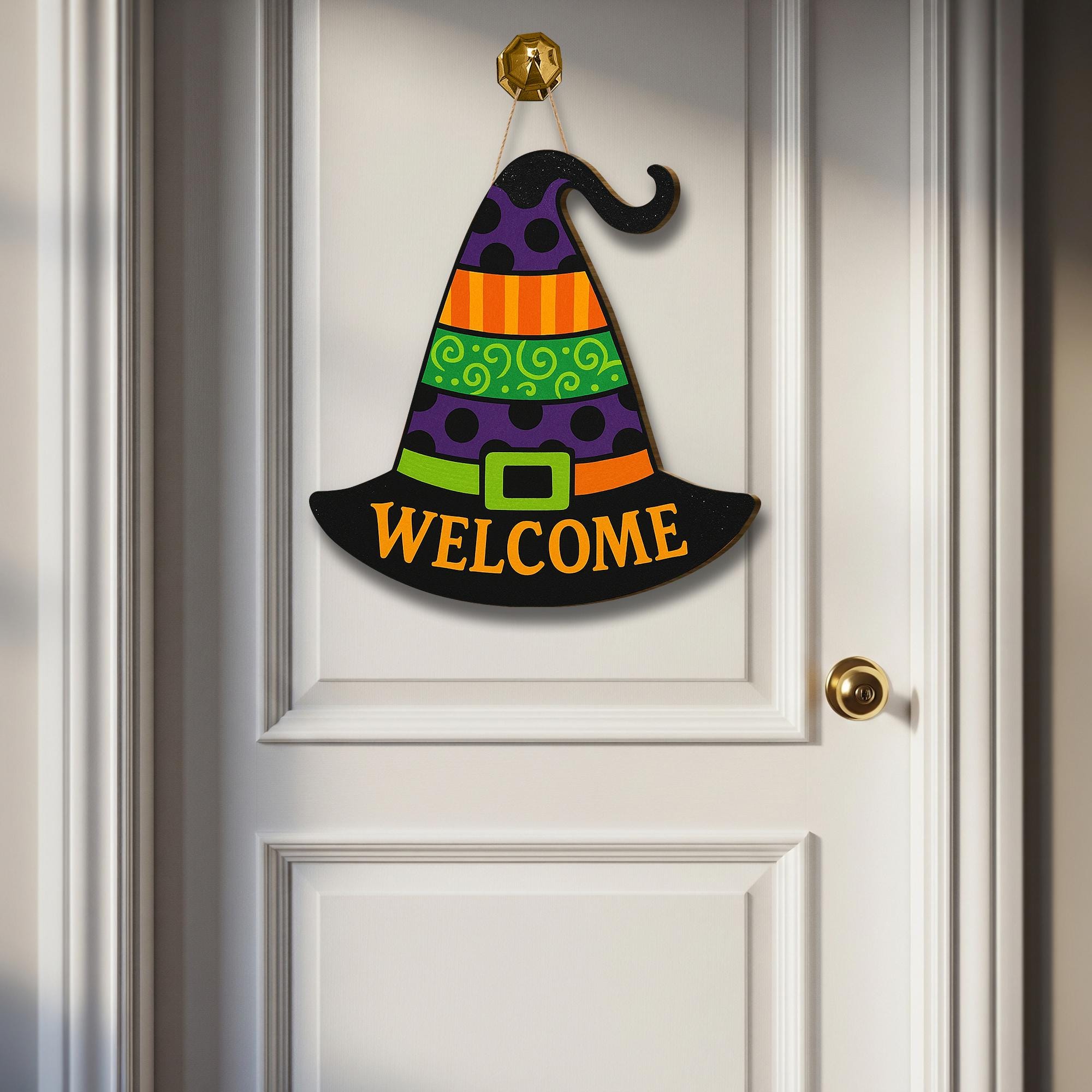 Halloween Witch Hat Door Sign, Wooden Welcome Sign, Colorful Fall Front Door Hanger, Spooky Witch Decor, Halloween Wall Art
