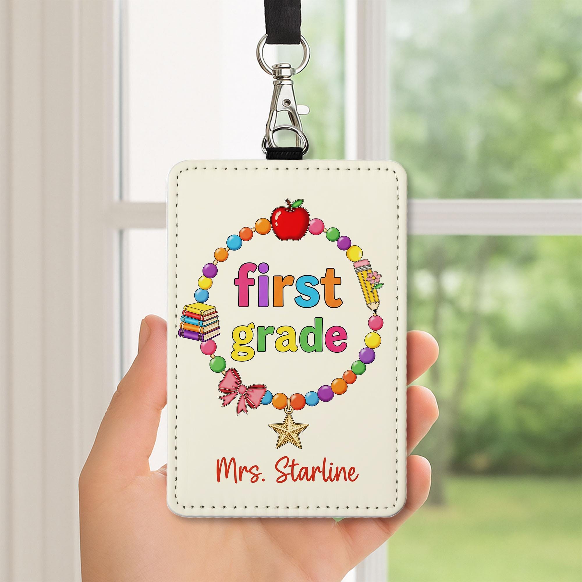 Custom First Grade Teacher Badge Holder – Personalized ID Card with Name, Cute Lanyard Accessory for Back to School, Gift for Educators