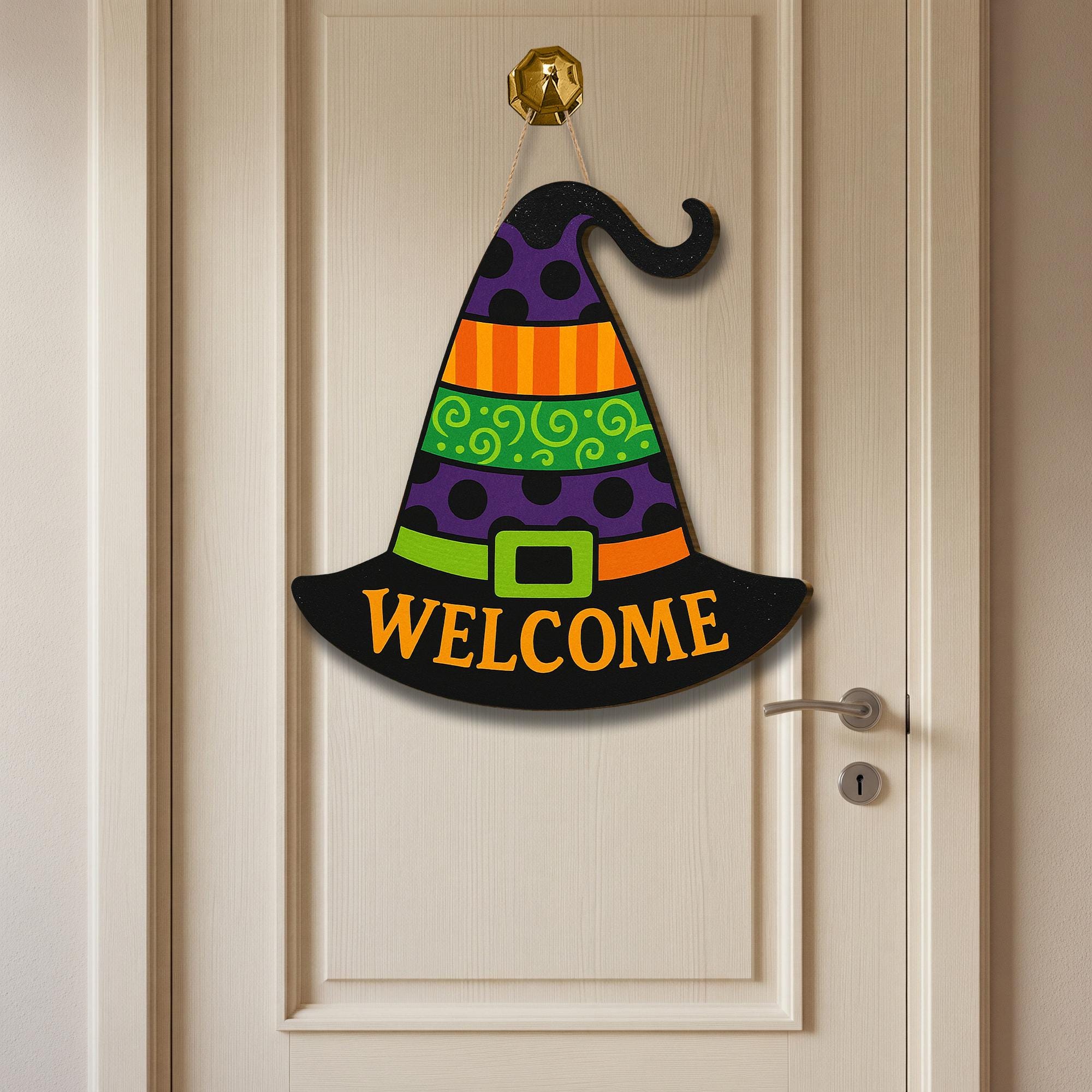 Halloween Witch Hat Door Sign, Wooden Welcome Sign, Colorful Fall Front Door Hanger, Spooky Witch Decor, Halloween Wall Art