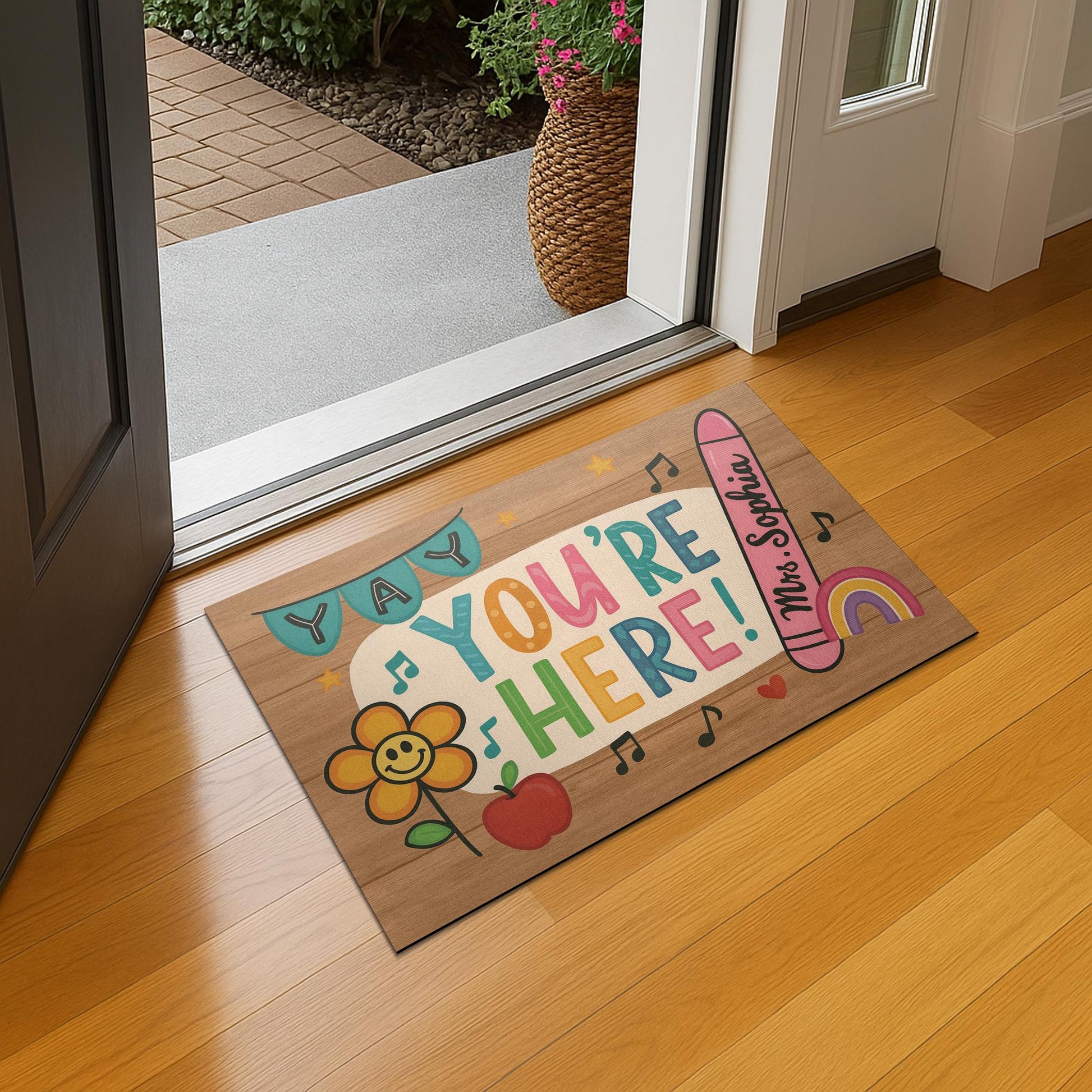 Personalized Teacher Doormat - Yay You're Here Rug - Cute Classroom Welcome Mat with Name - Back to School Gift for Teachers, School Decor