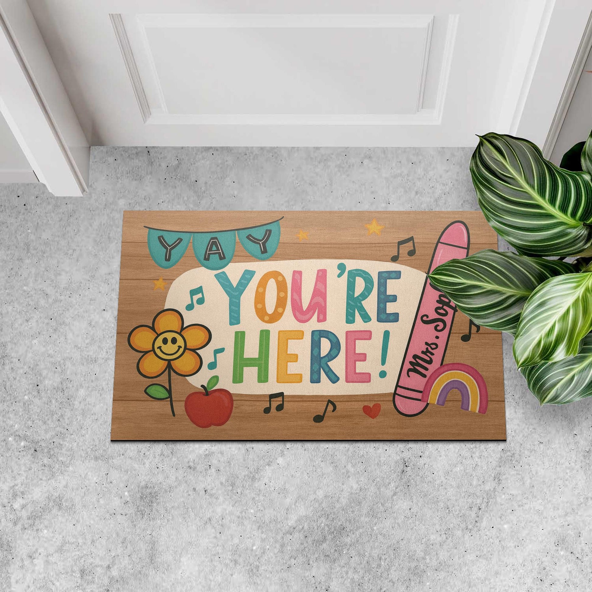 Personalized Teacher Doormat - Yay You're Here Rug - Cute Classroom Welcome Mat with Name - Back to School Gift for Teachers, School Decor