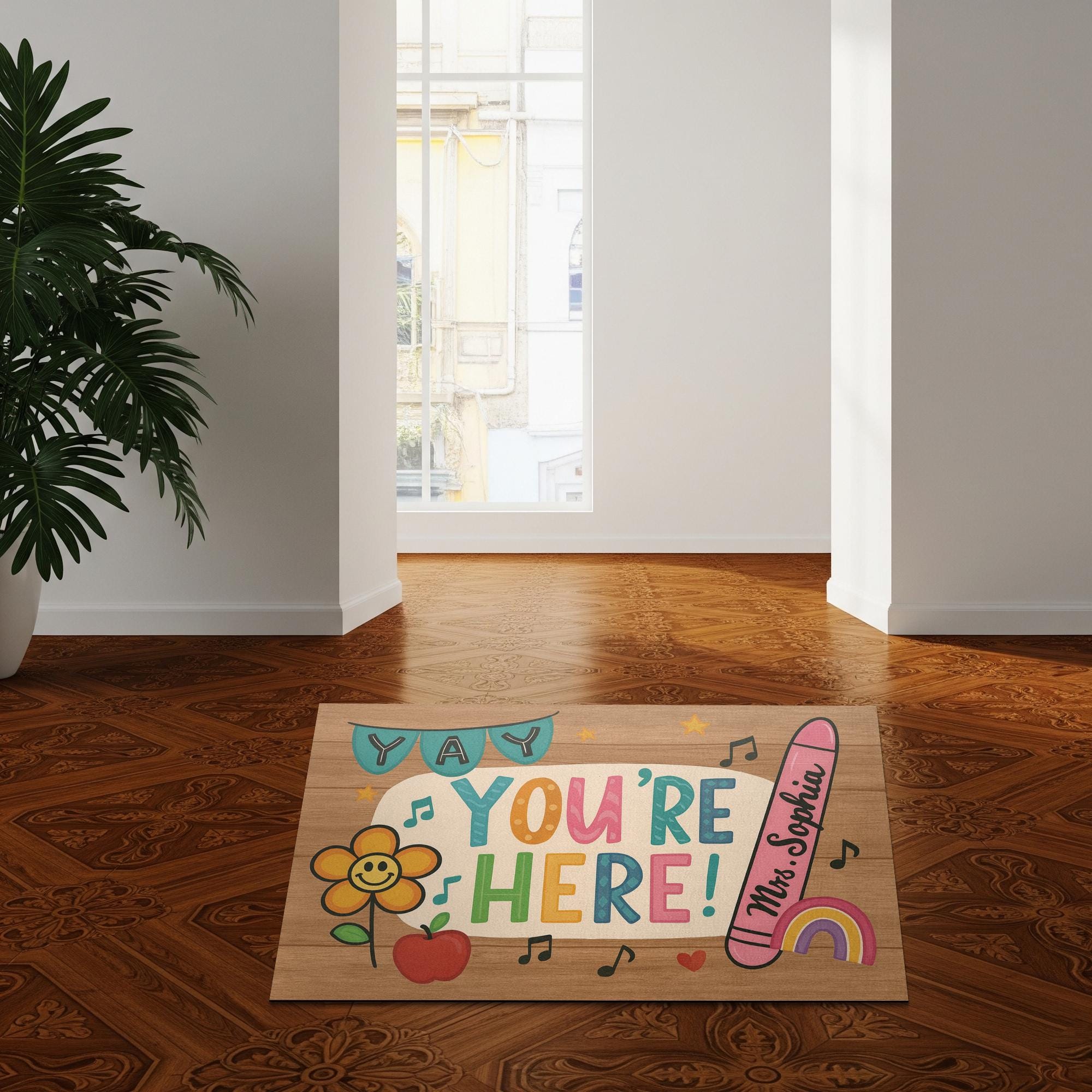Personalized Teacher Doormat - Yay You're Here Rug - Cute Classroom Welcome Mat with Name - Back to School Gift for Teachers, School Decor