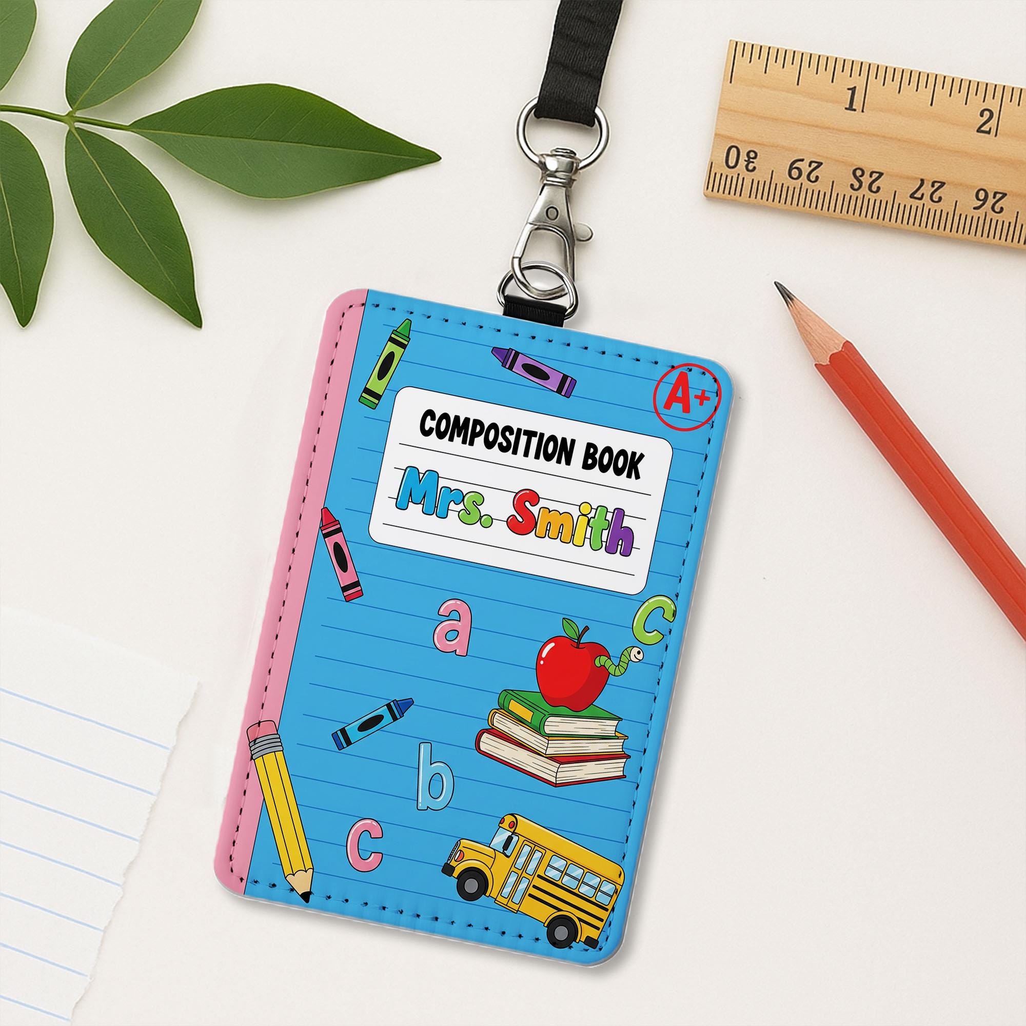 Personalized Teacher Badge Reel Holder - Composition Book ID Card - Cute School Lanyard Accessory with Name for Back to School, Educators
