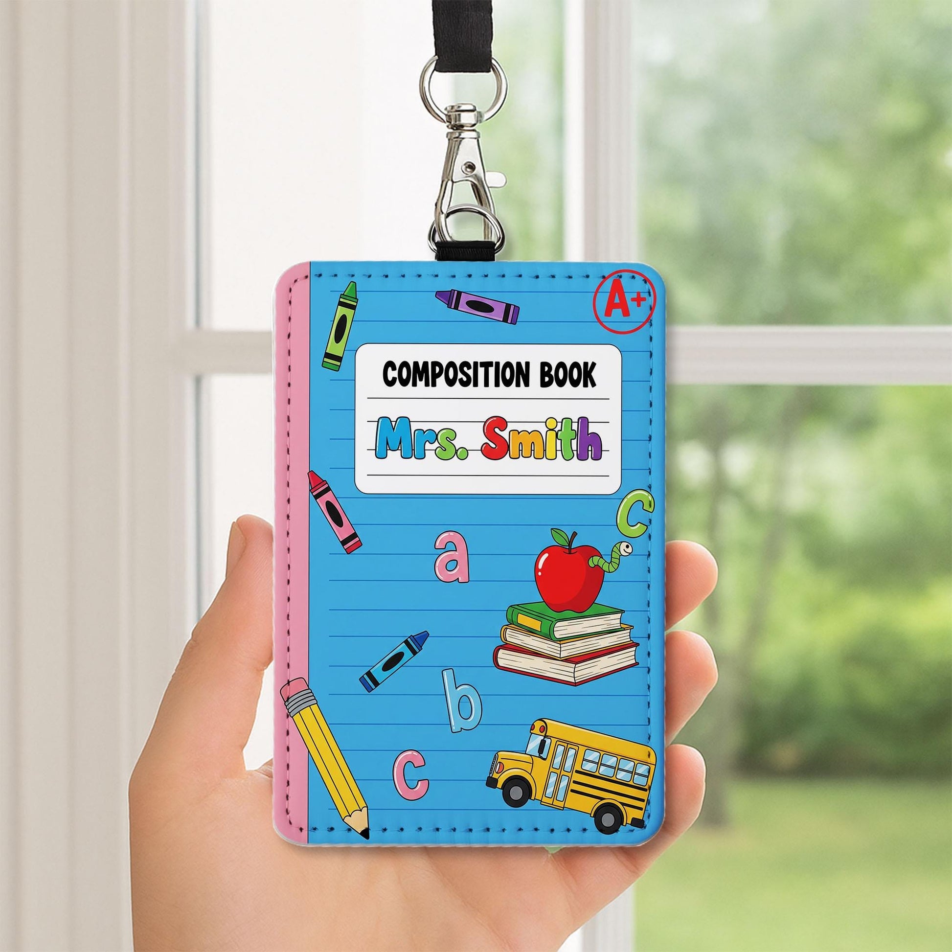 Personalized Teacher Badge Reel Holder - Composition Book ID Card - Cute School Lanyard Accessory with Name for Back to School, Educators