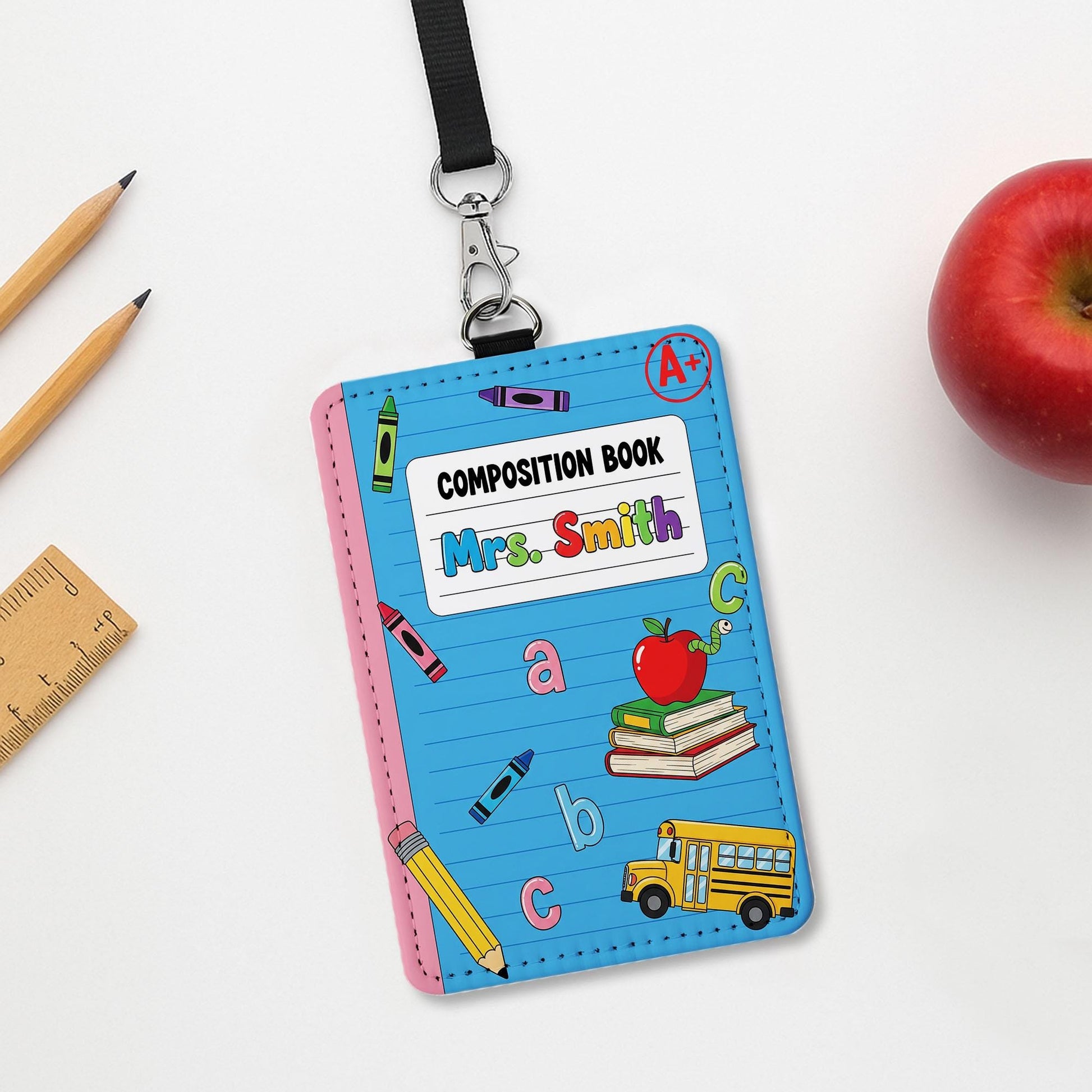 Personalized Teacher Badge Reel Holder - Composition Book ID Card - Cute School Lanyard Accessory with Name for Back to School, Educators