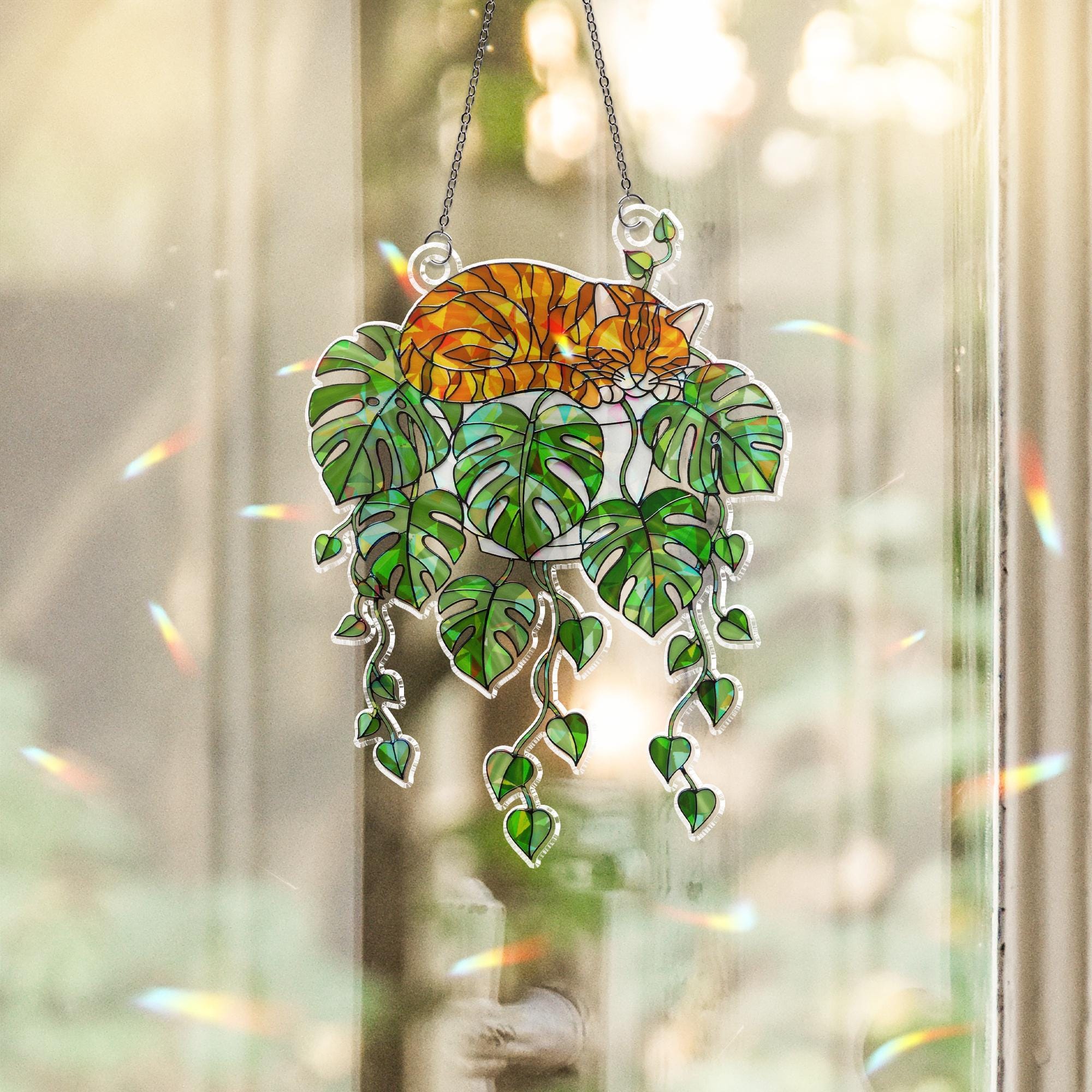 Orange Cat Monstera Suncatcher, Acrylic Hologram Window Decor, Plant Lover Cat Gift, Hanging Cat Jungle Leaf Decoration, Cat Mom Gift
