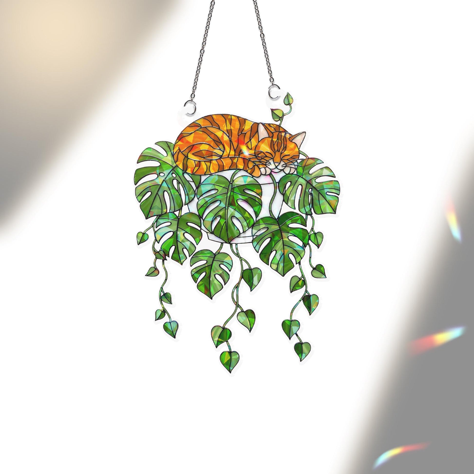 Orange Cat Monstera Suncatcher, Acrylic Hologram Window Decor, Plant Lover Cat Gift, Hanging Cat Jungle Leaf Decoration, Cat Mom Gift