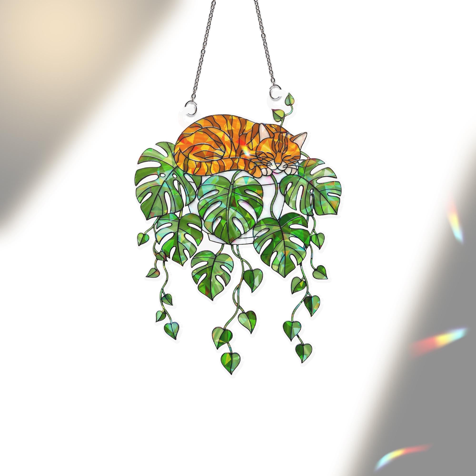 Orange Cat Monstera Suncatcher, Acrylic Hologram Window Decor, Plant Lover Cat Gift, Hanging Cat Jungle Leaf Decoration, Cat Mom Gift