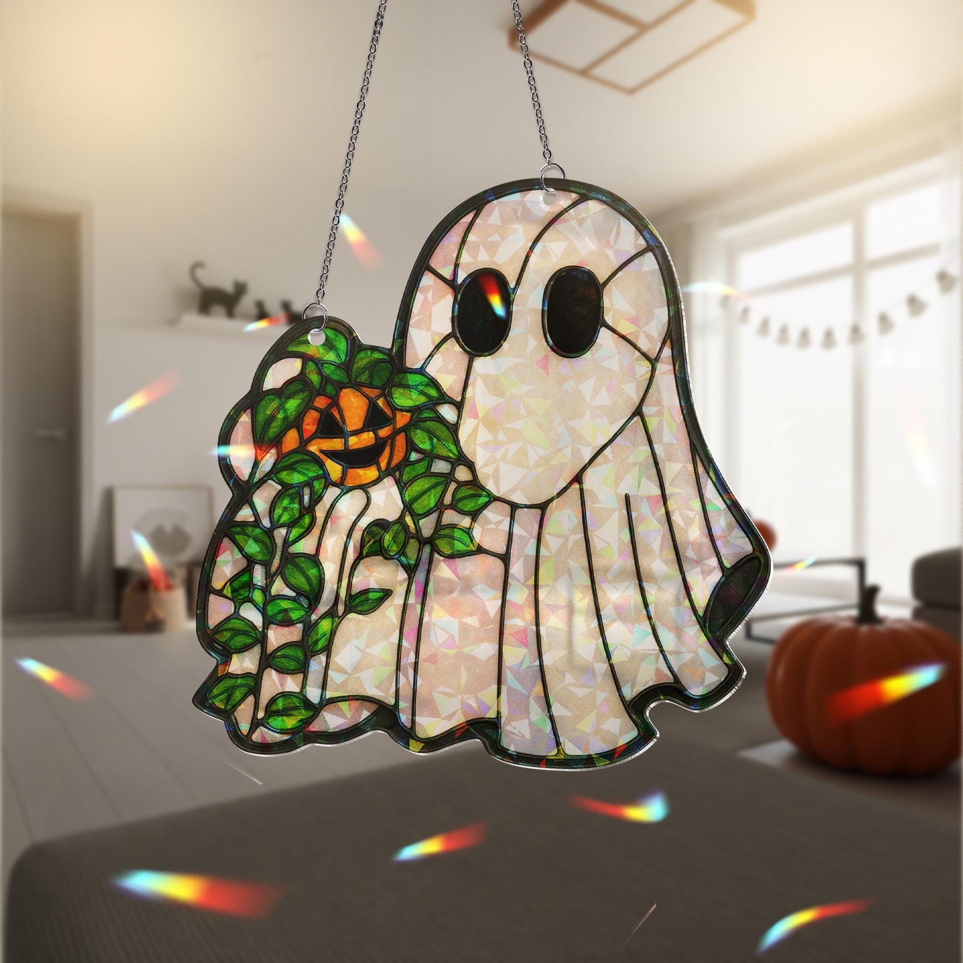 Holographic Ghost Suncatcher – Faux Stained Glass Halloween Window Decor – Cute Acrylic Pumpkin Spirit Sun Catcher – Spooky Cottagecore Gift