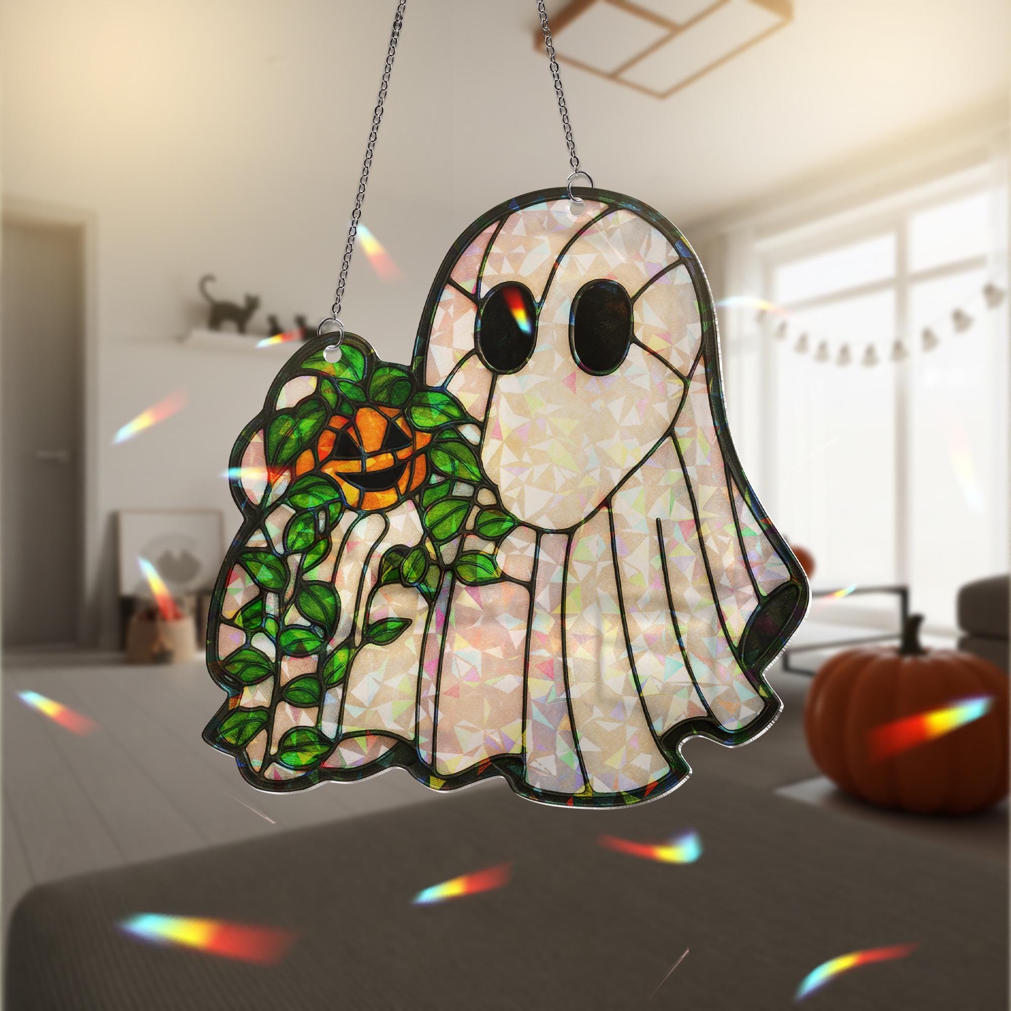 Holographic Ghost Suncatcher – Faux Stained Glass Halloween Window Decor – Cute Acrylic Pumpkin Spirit Sun Catcher – Spooky Cottagecore Gift