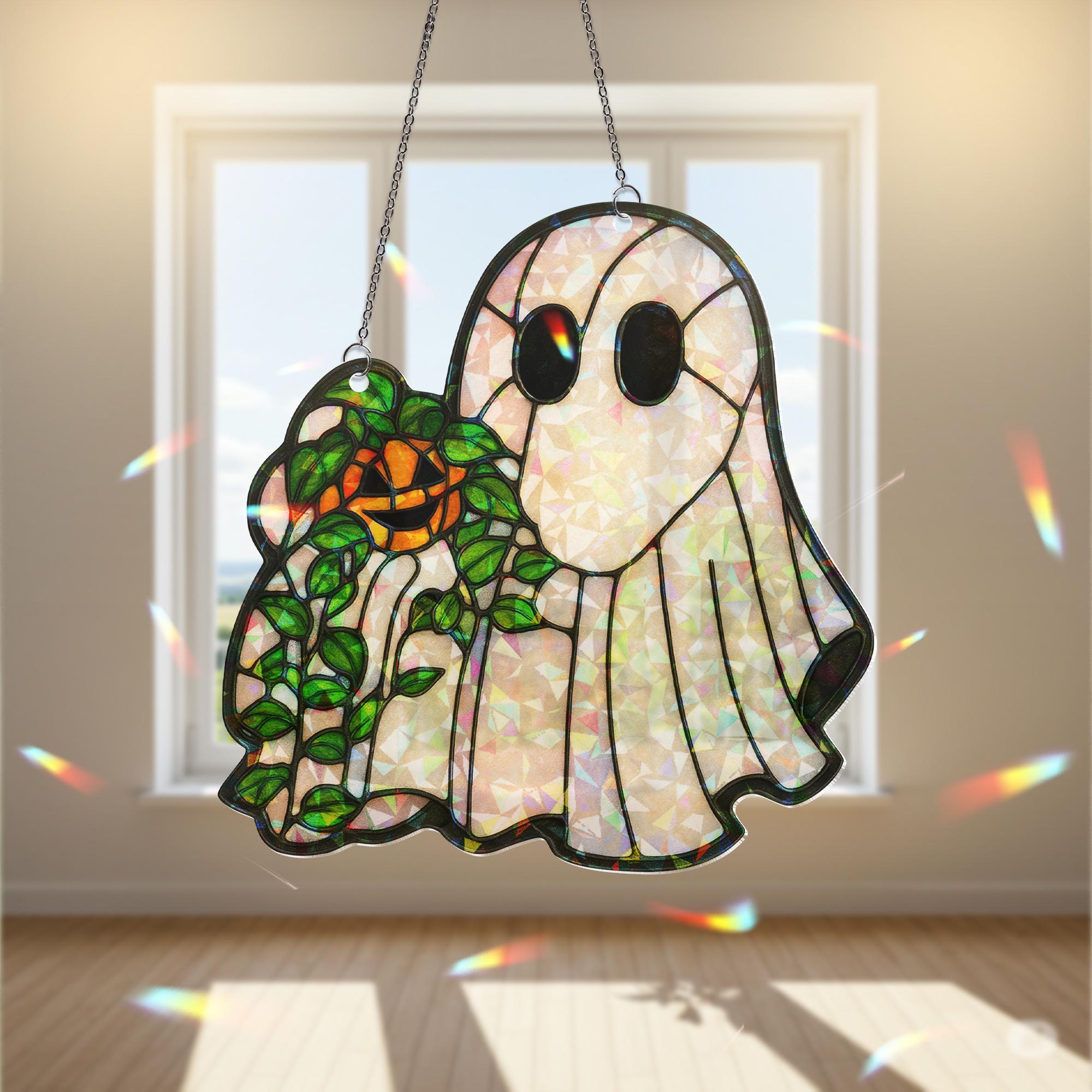 Holographic Ghost Suncatcher – Faux Stained Glass Halloween Window Decor – Cute Acrylic Pumpkin Spirit Sun Catcher – Spooky Cottagecore Gift