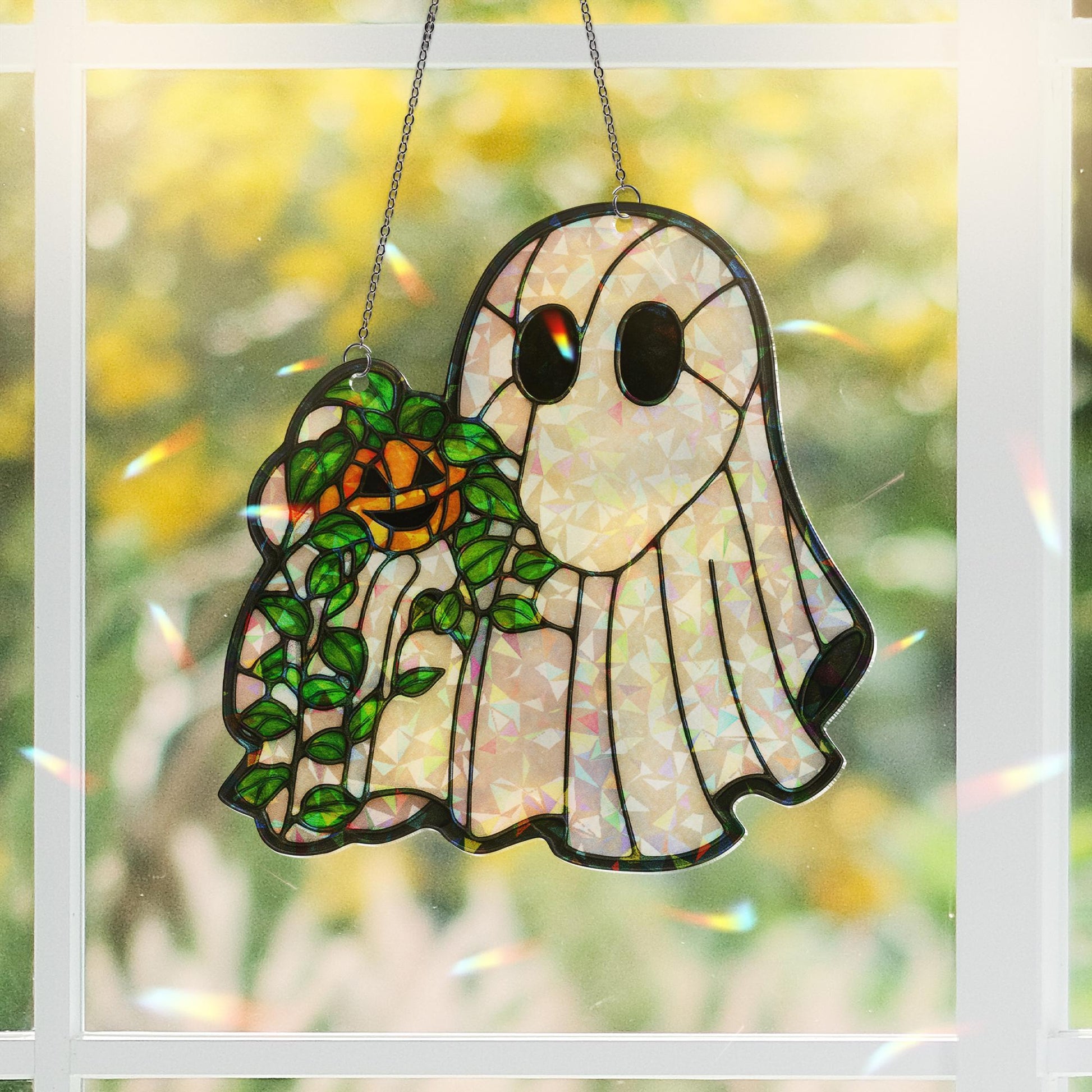 Holographic Ghost Suncatcher – Faux Stained Glass Halloween Window Decor – Cute Acrylic Pumpkin Spirit Sun Catcher – Spooky Cottagecore Gift