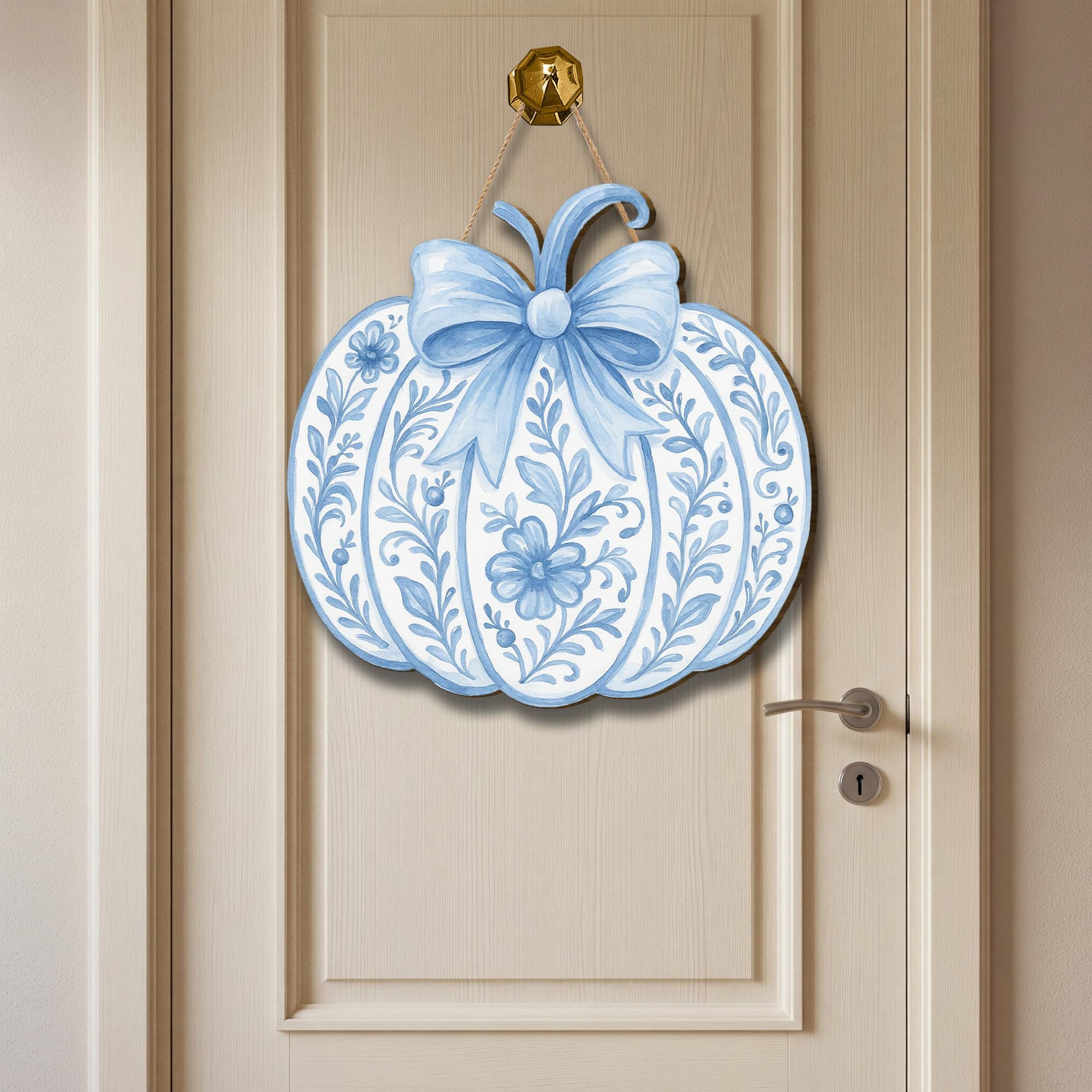 Chinoiserie Pumpkin Door Sign – Blue and White Fall Decor – Elegant Autumn Hanging Sign with Bow – Front Door Porch Decor for Thanksgiving
