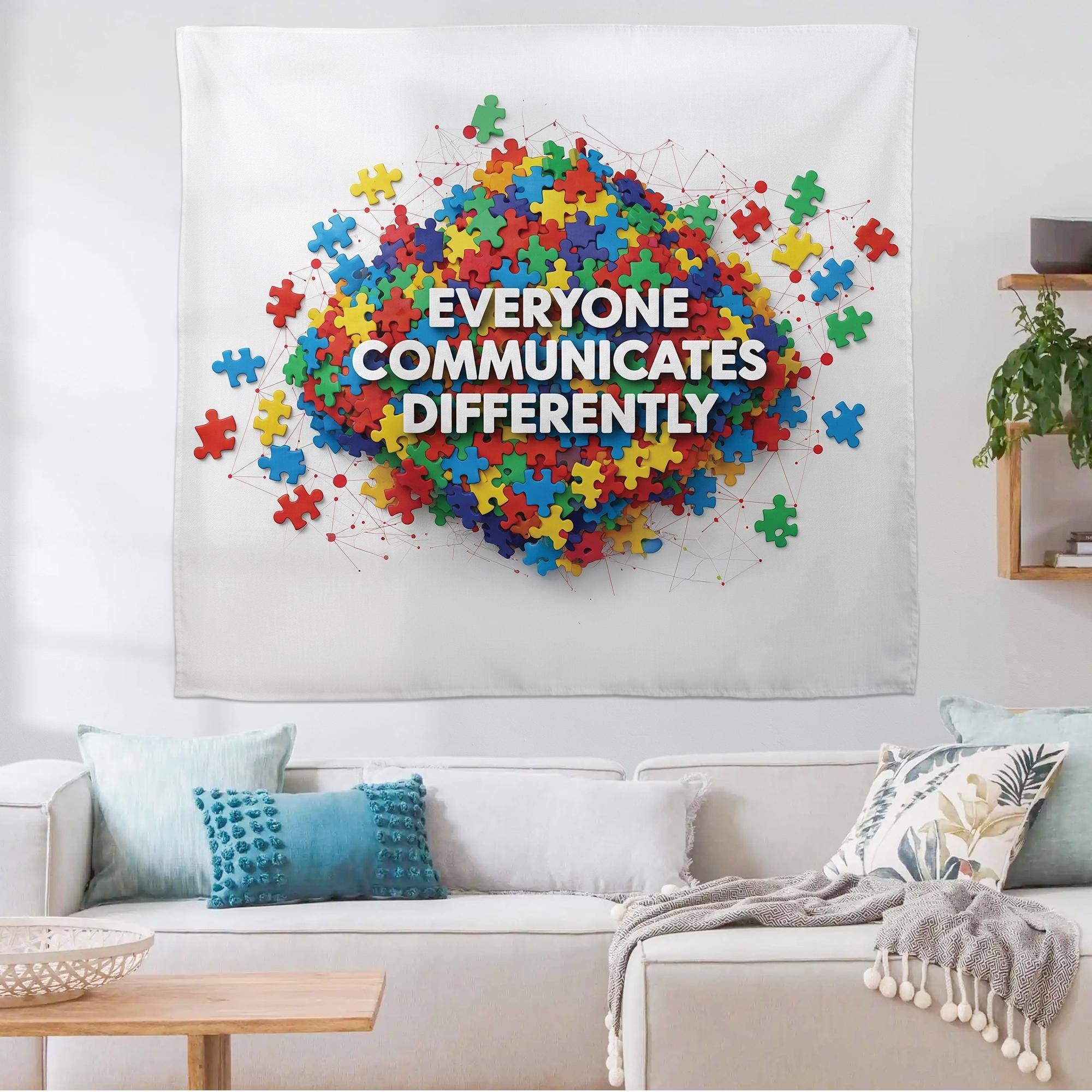 Everyone Communicates Differently Tapestry – Puzzle Piece Classroom Wall Decor, Neurodiversity Inclusive Banner for Teachers and Schools