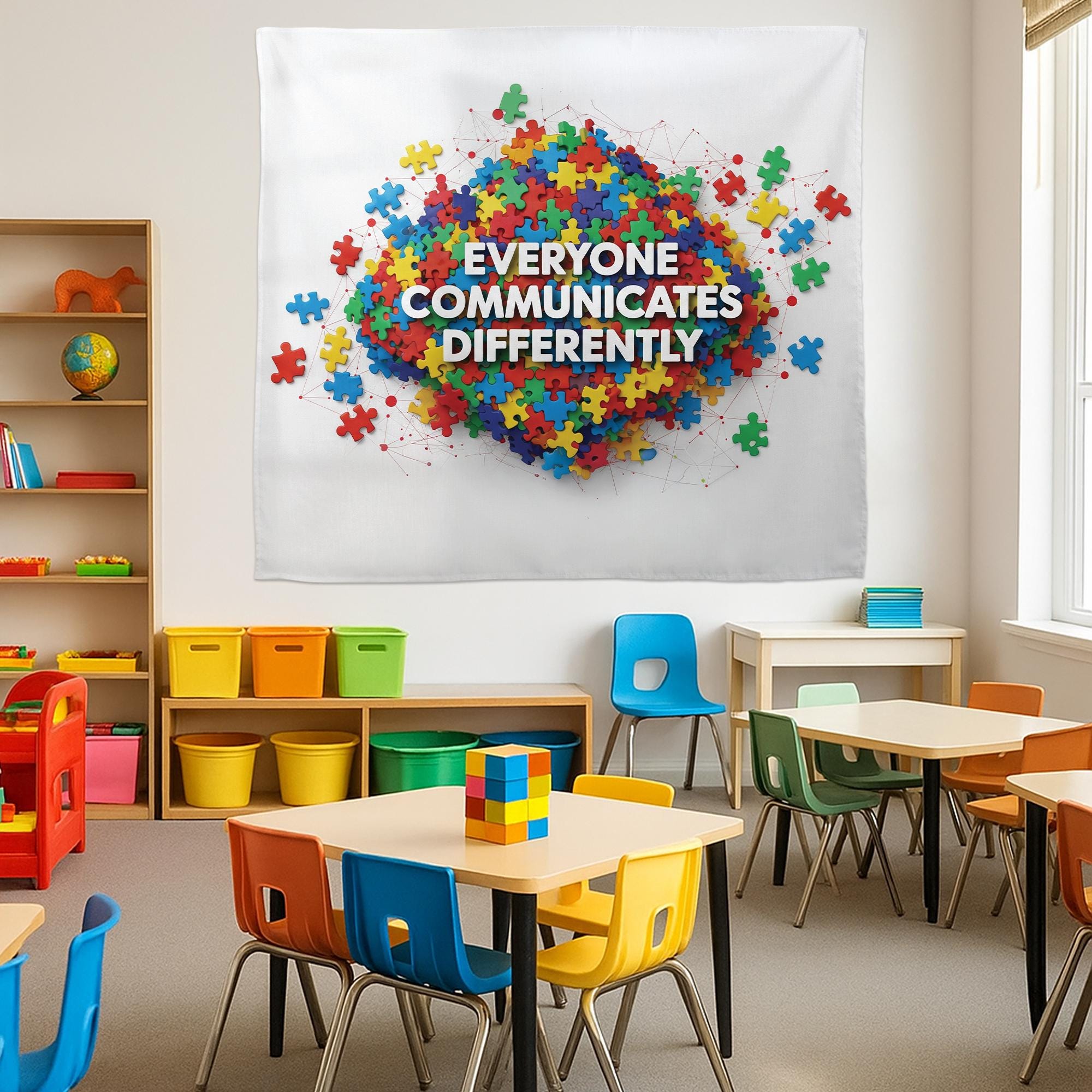 Everyone Communicates Differently Tapestry – Puzzle Piece Classroom Wall Decor, Neurodiversity Inclusive Banner for Teachers and Schools