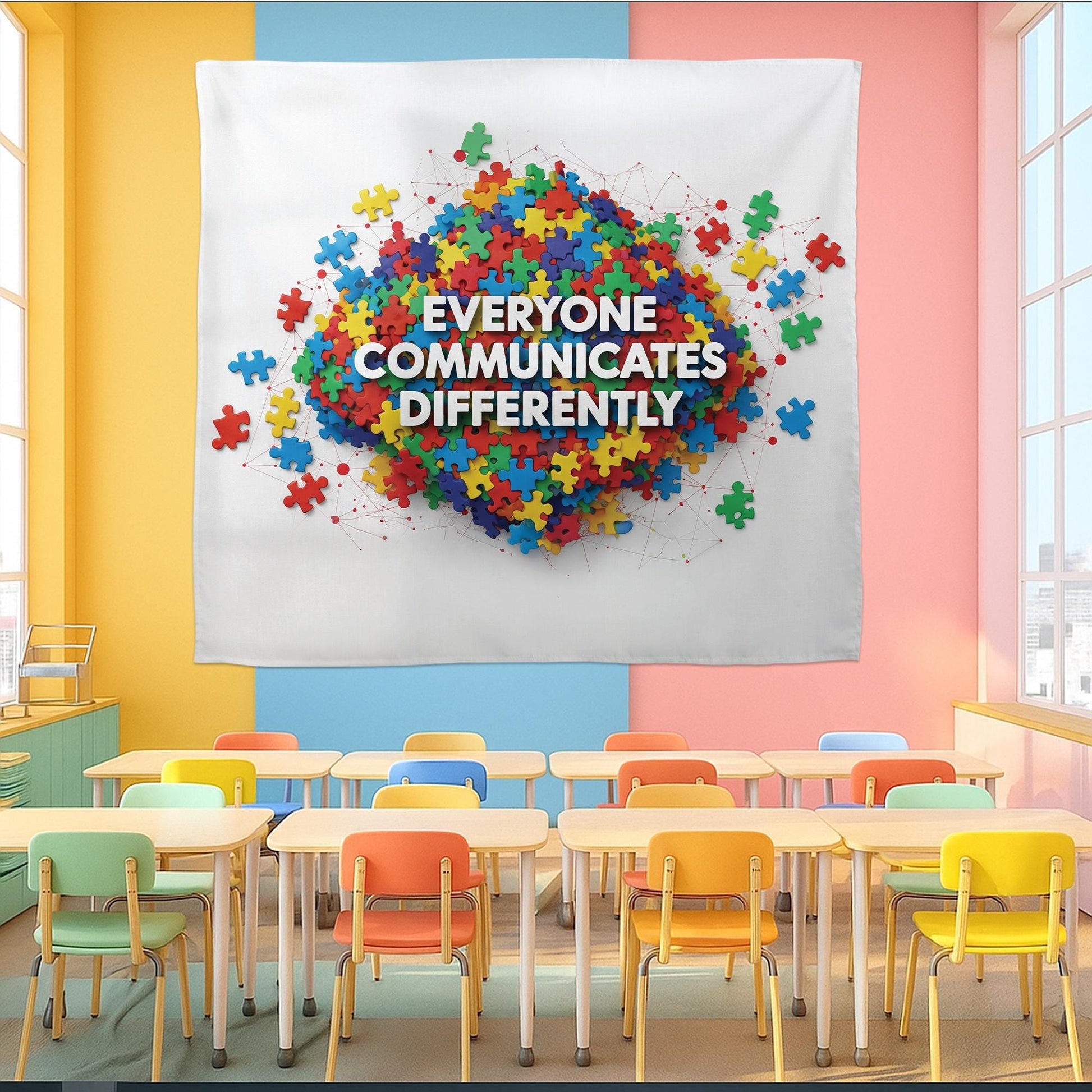 Everyone Communicates Differently Tapestry – Puzzle Piece Classroom Wall Decor, Neurodiversity Inclusive Banner for Teachers and Schools
