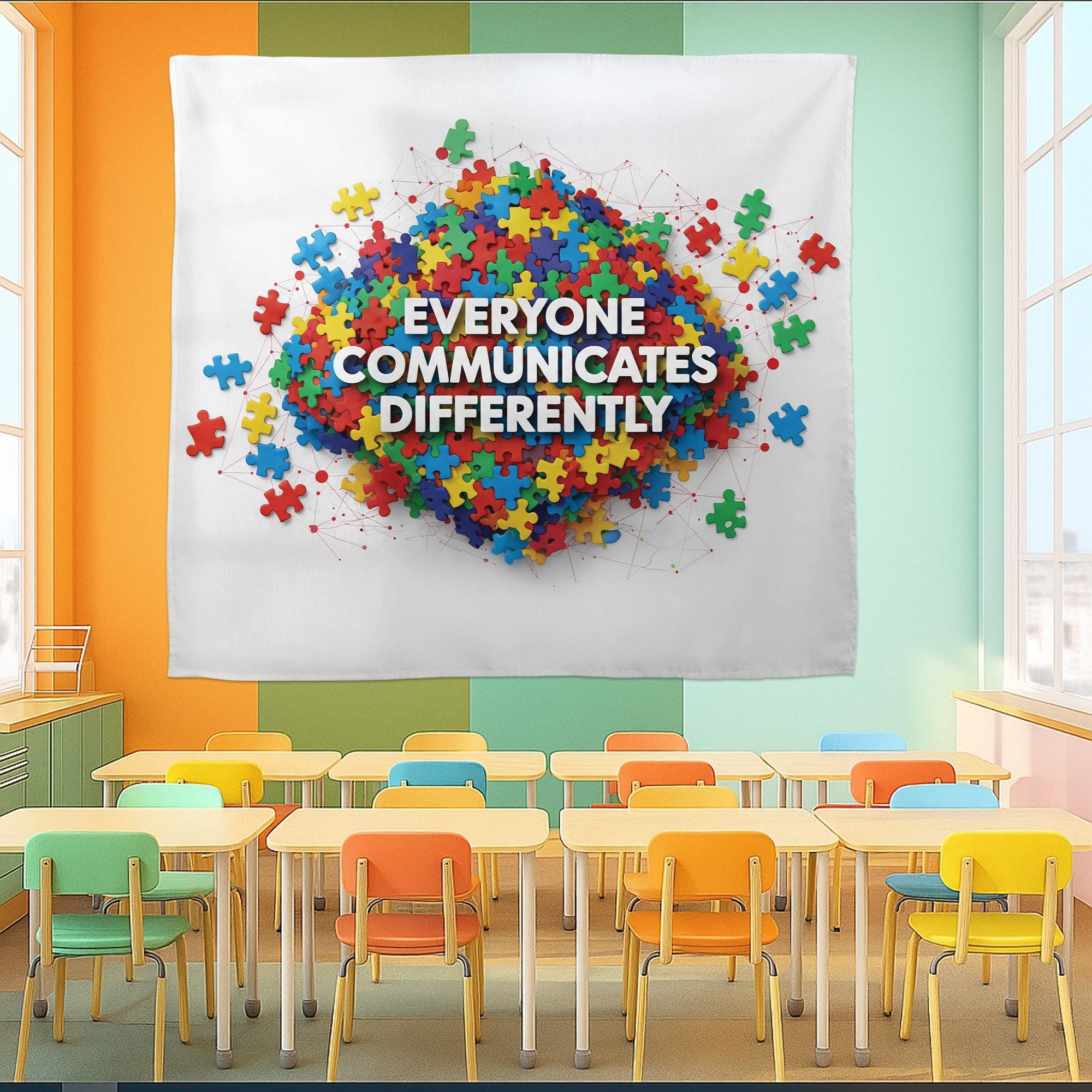 Everyone Communicates Differently Tapestry – Puzzle Piece Classroom Wall Decor, Neurodiversity Inclusive Banner for Teachers and Schools
