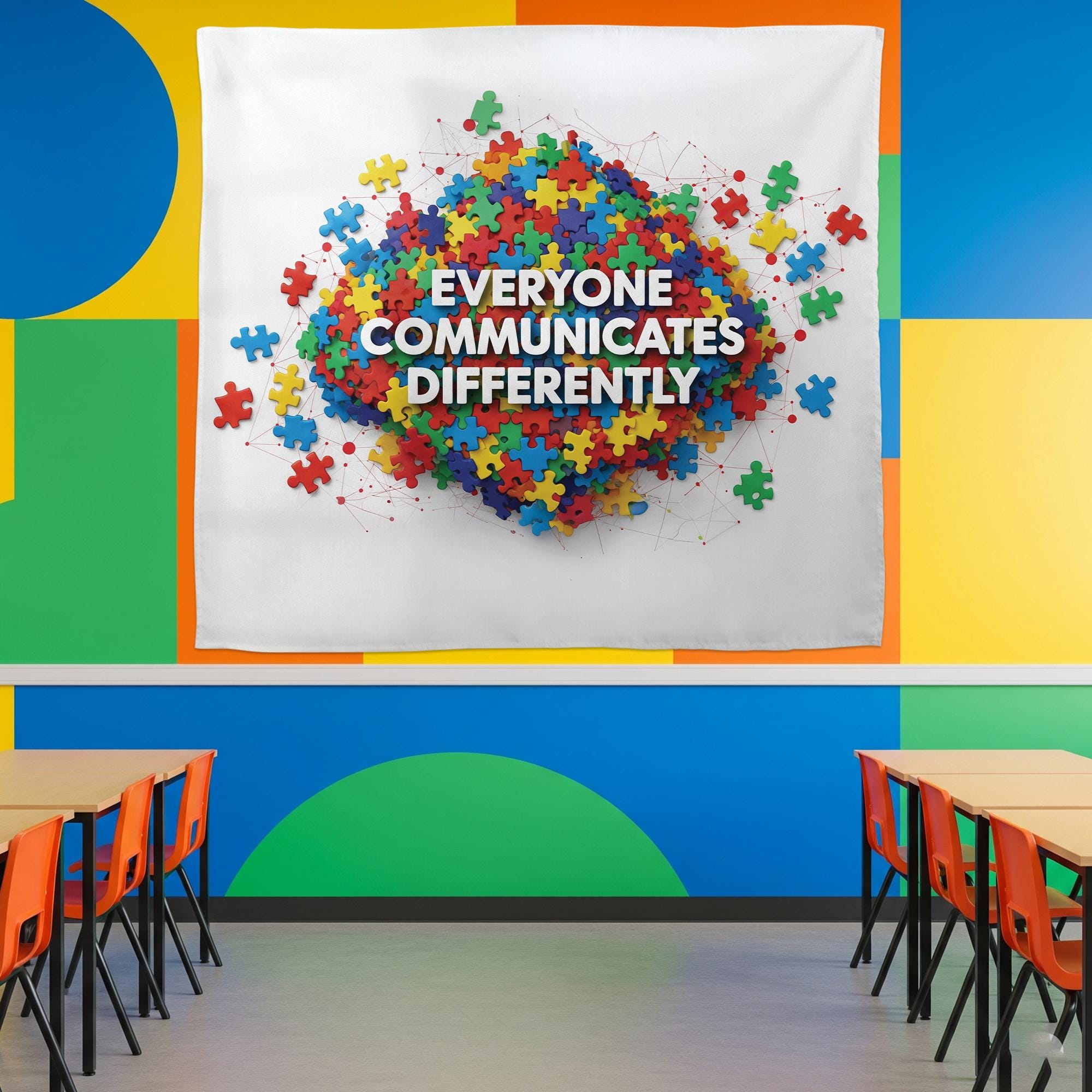 Everyone Communicates Differently Tapestry – Puzzle Piece Classroom Wall Decor, Neurodiversity Inclusive Banner for Teachers and Schools