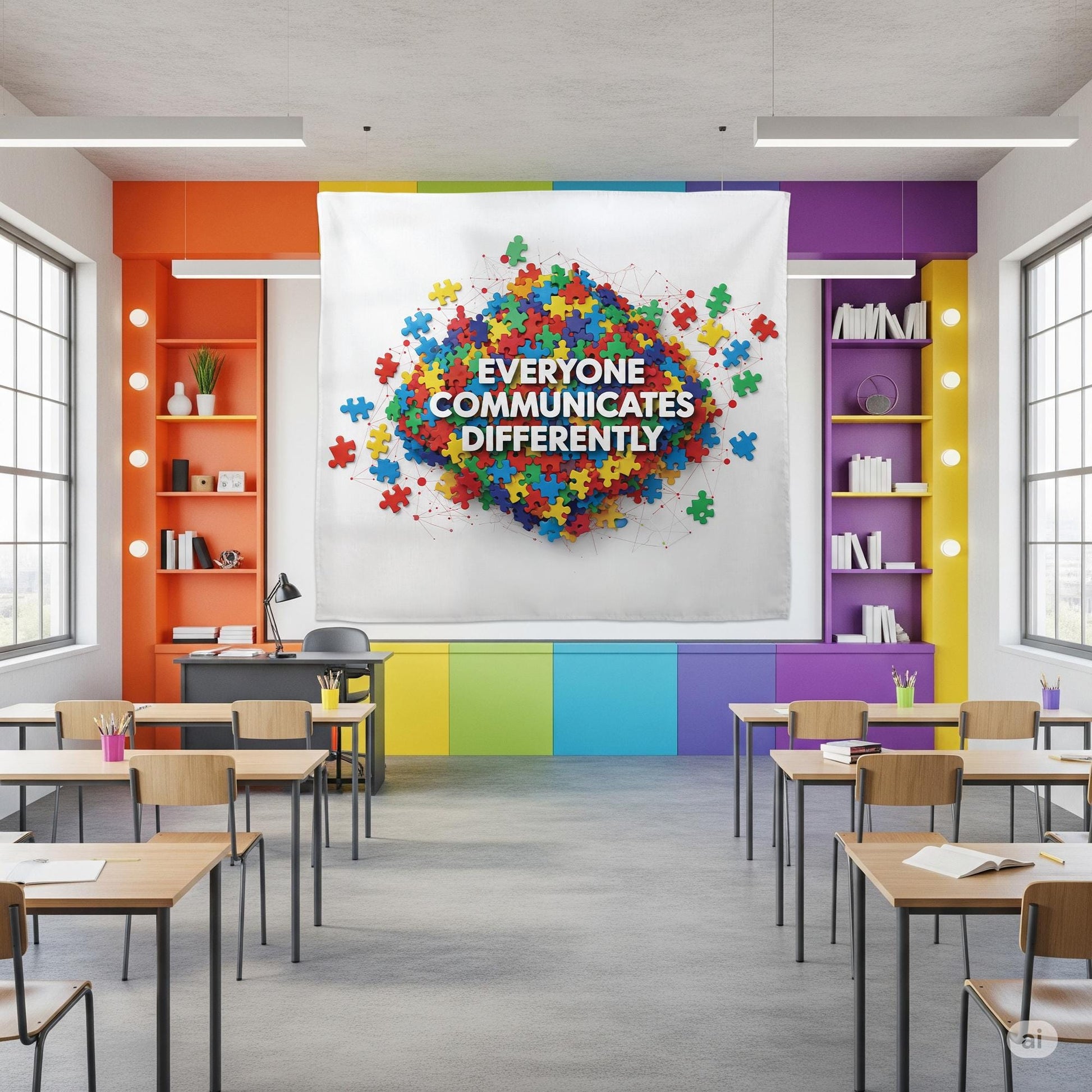 Everyone Communicates Differently Tapestry – Puzzle Piece Classroom Wall Decor, Neurodiversity Inclusive Banner for Teachers and Schools