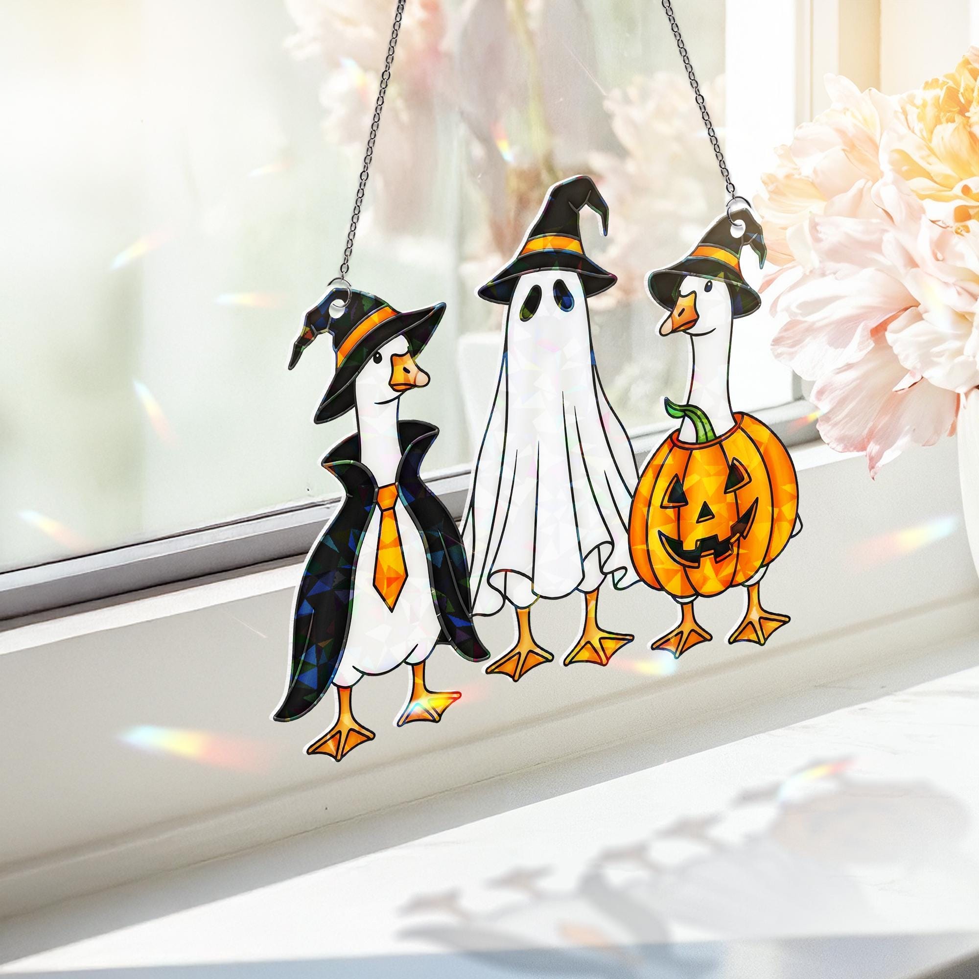 Halloween Goose Hologram Ornament – Cute Goose Witch, Ghost, Pumpkin Costumes – Funny ACRYLIC Window Hanging Fall Decor, Spooky Goose Gift